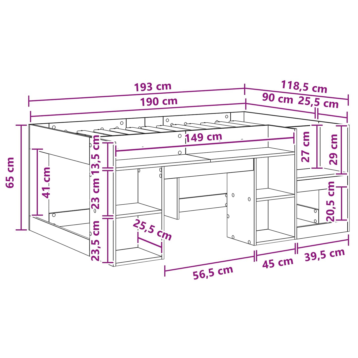 Kids'Bed Frame with Storage Concrete Grey 90 x 190 cm