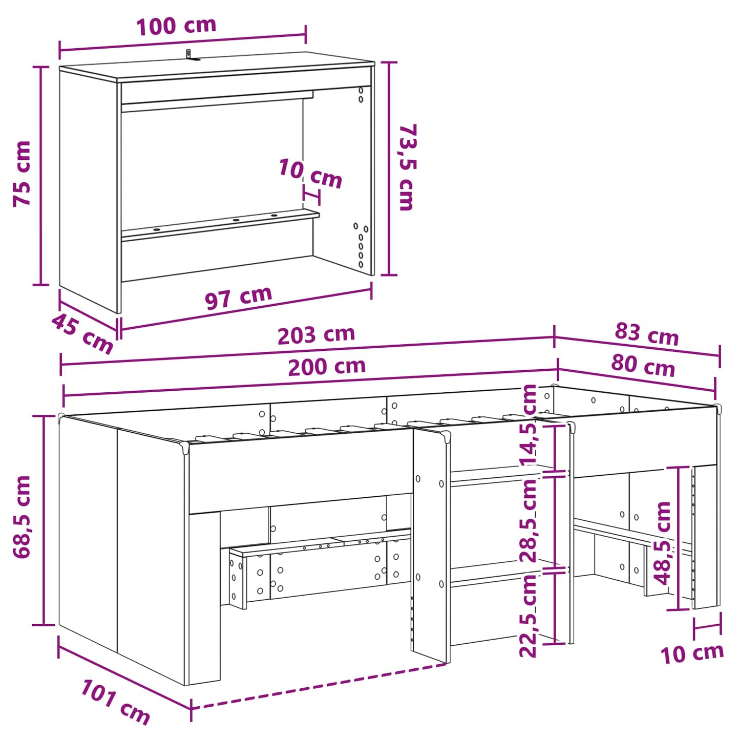 Kids'High Bed Frame with Desk White 80 x 200 cm