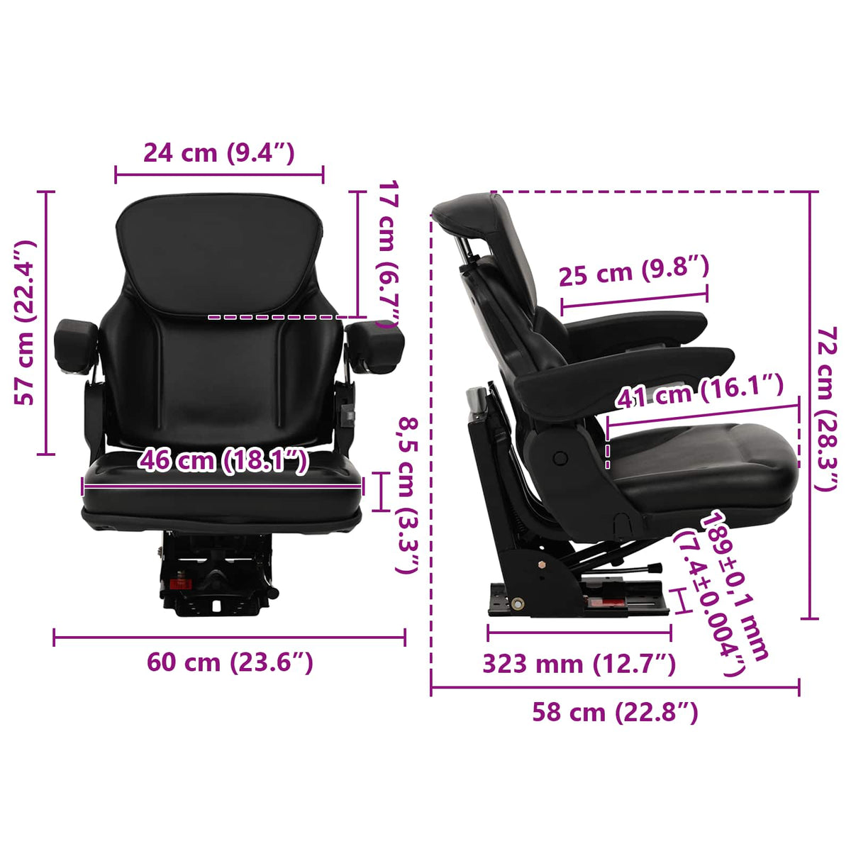 Tractor Seat with Suspension Black 60 x 58 x 72 cm