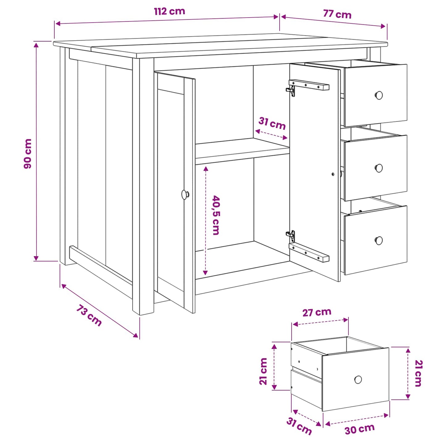 Kitchen Island Set PANAMA Honey Wax 112 x 77 x 90 cm Solid-Pine