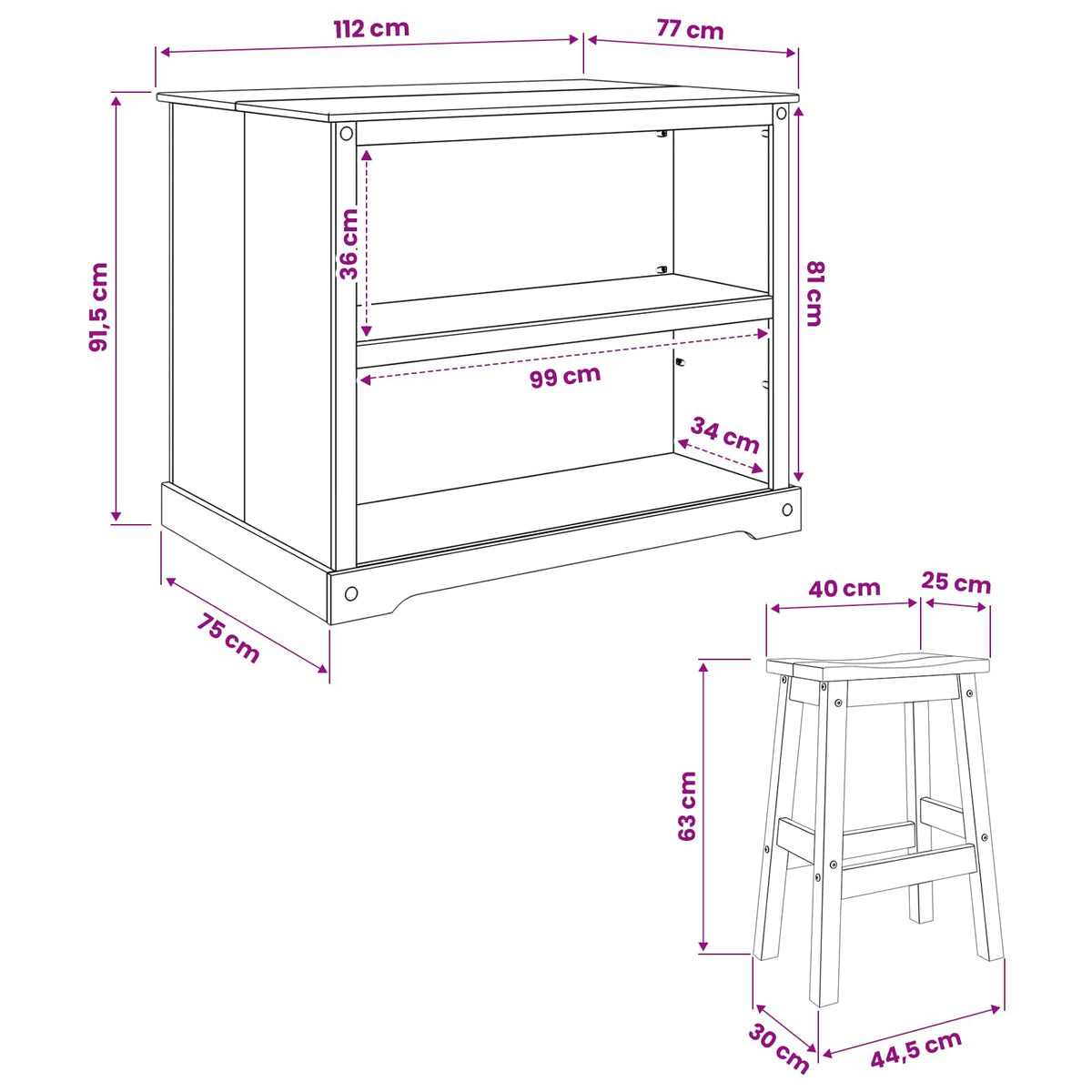 Kitchen Island Set 3 pcs Honey Wax 112 x 77 x 91.5 cm