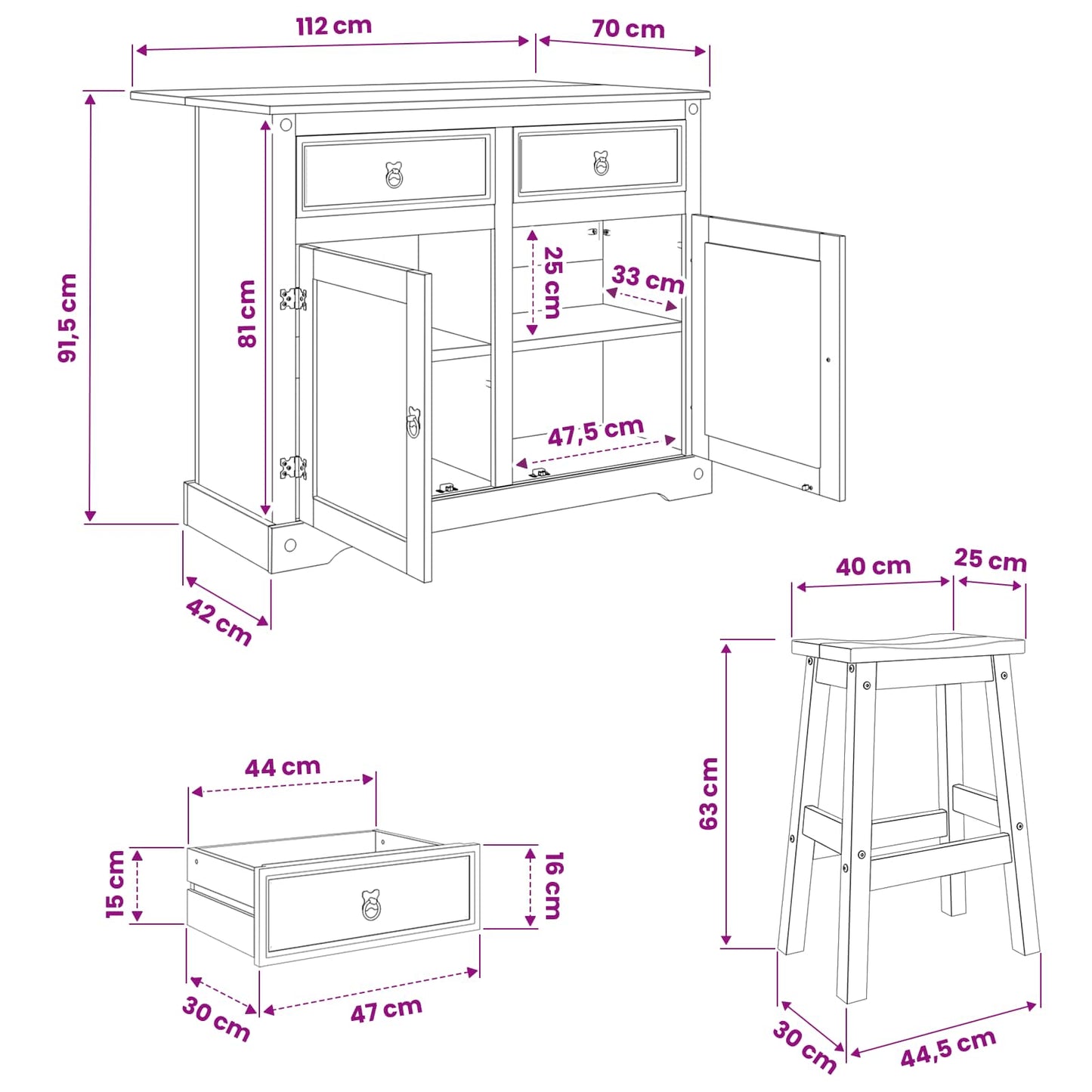 Kitchen Island Set 3 pcs CORONA Honey Wax 112 x 70 x 91.5 cm