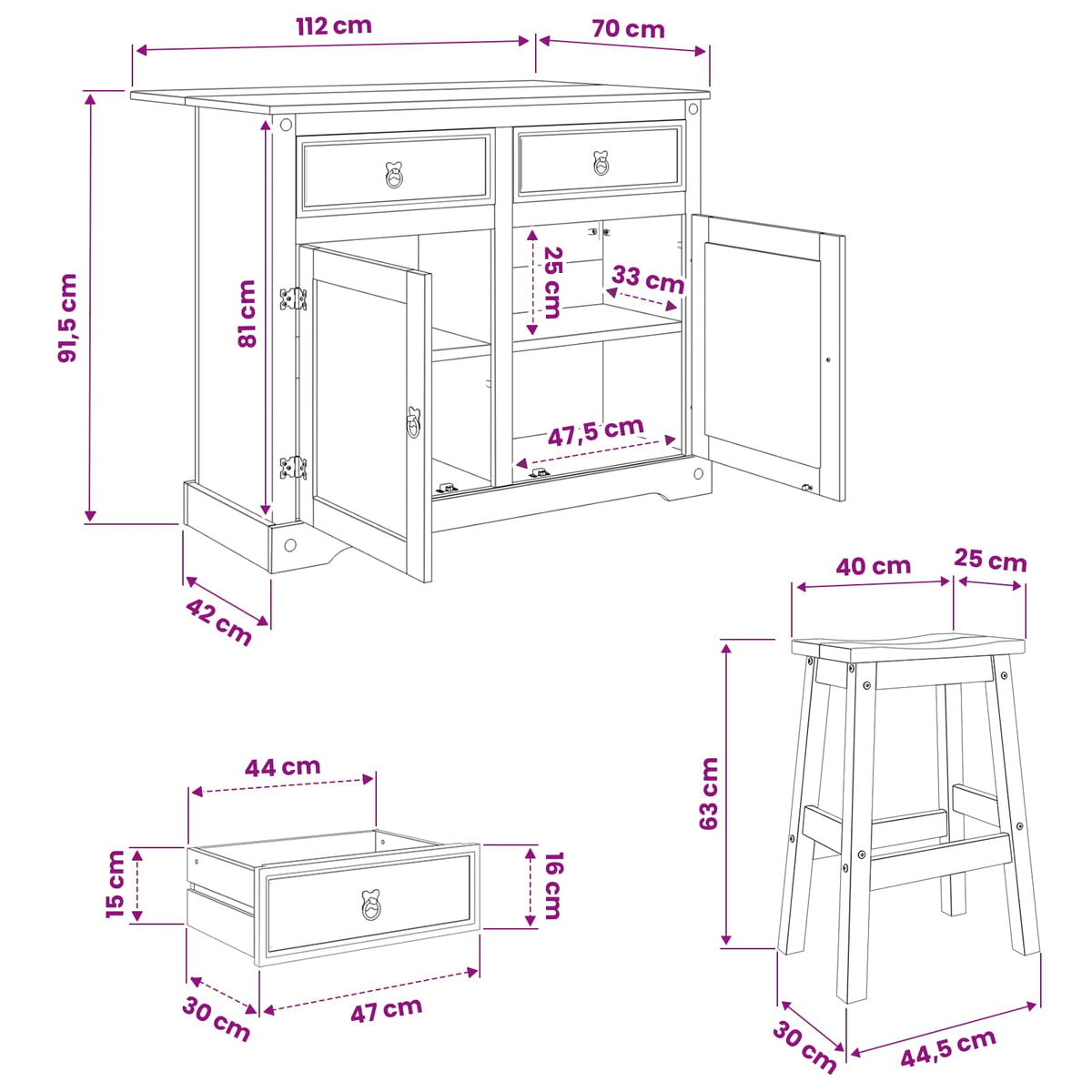 Kitchen Island Set 3 pcs CORONA White and Honey Wax
