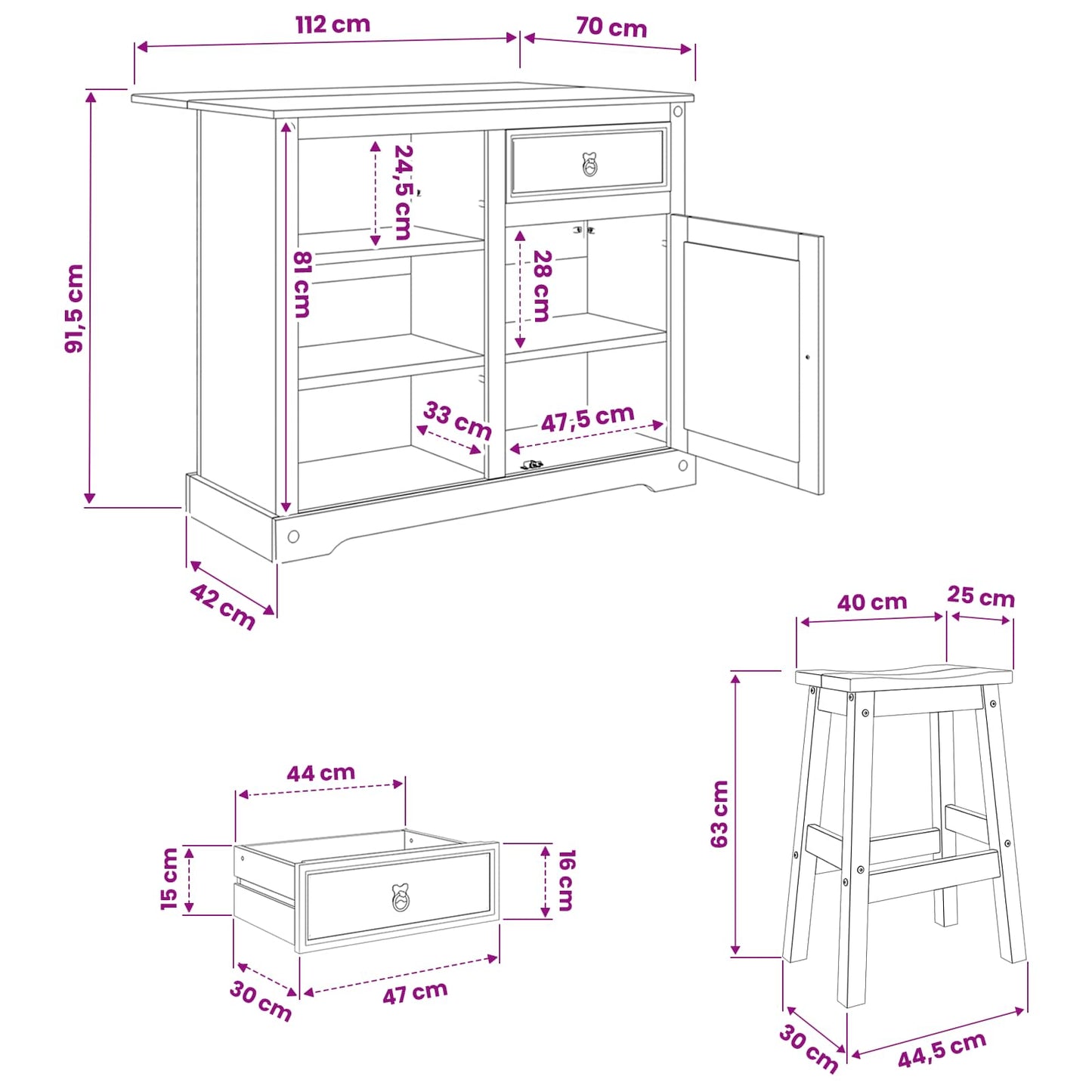 Kitchen Island Set 3 pcs White and Honey Wax 112 x 70 x 91.5 cm