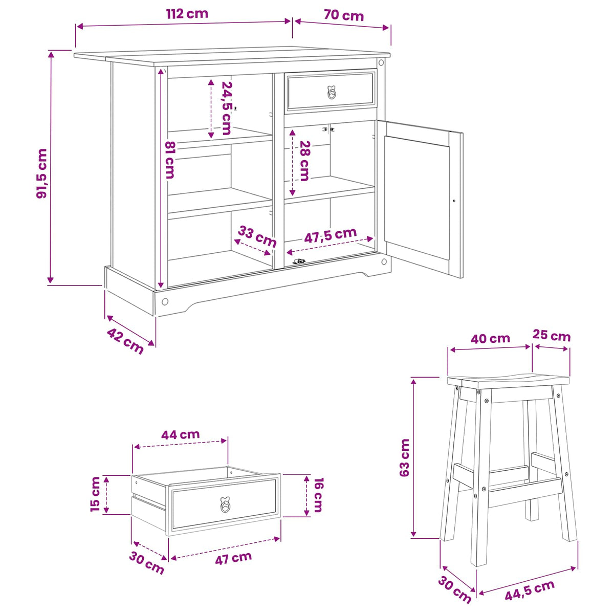 Kitchen Island Set 3 pcs White and Honey Wax 112 x 70 x 91.5 cm