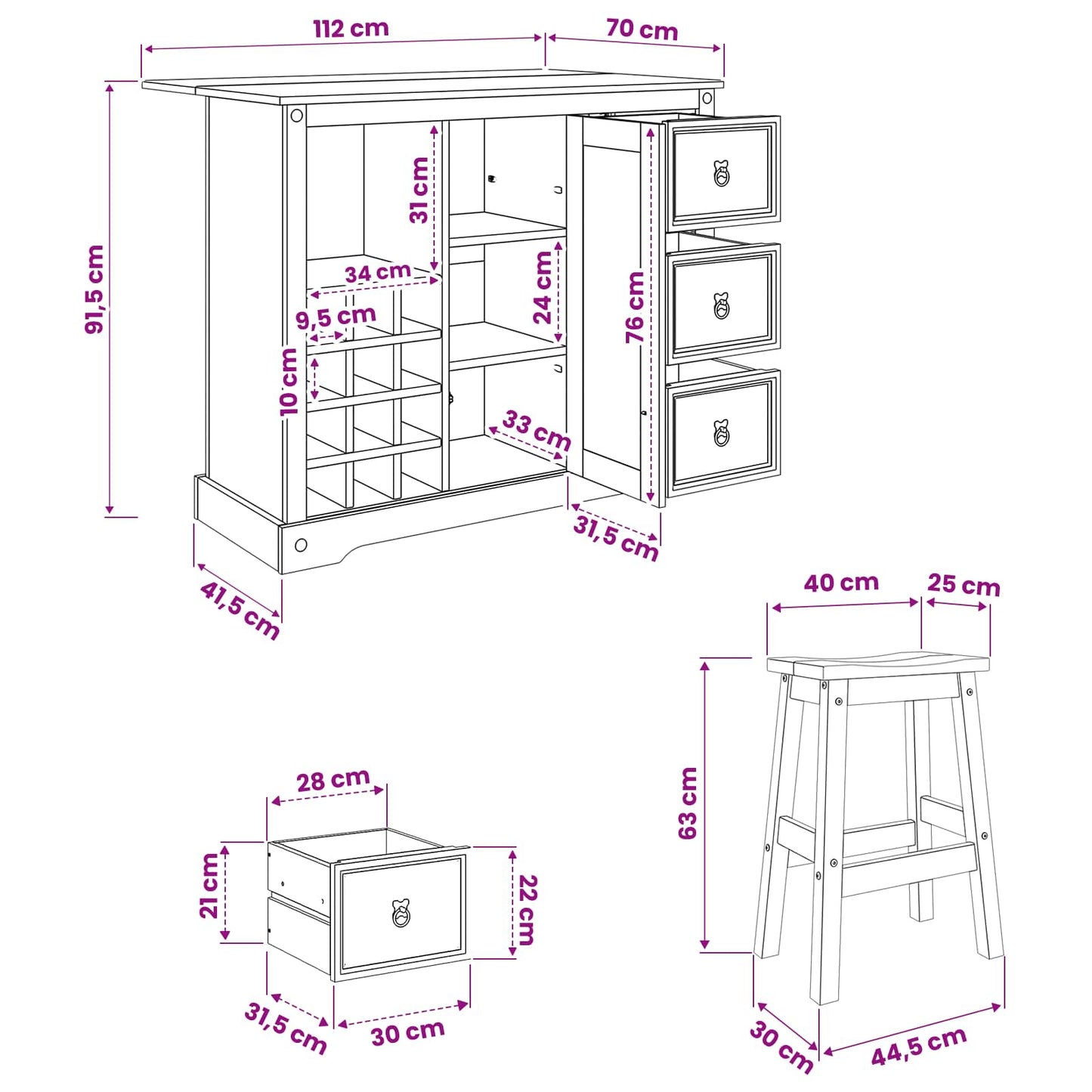 Kitchen Storage 3 pcs White and Honey Wax 112 x 70 x 91.5 cm