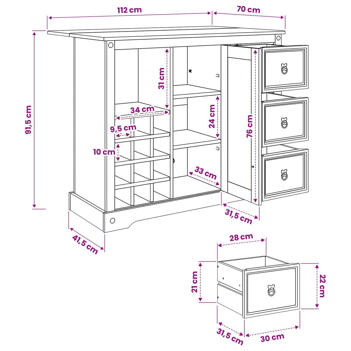 Kitchen Storage Honey Wax 112 x 70 x 91.5 cm Solid-Pine