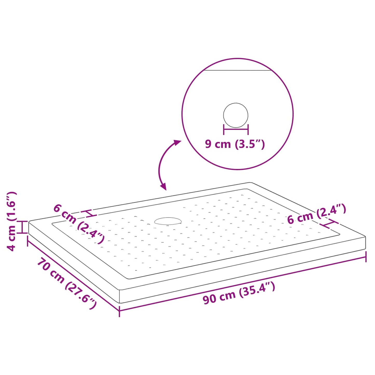Shower Base Tray with Dots 90 x 70 x 4 cm ABS Black