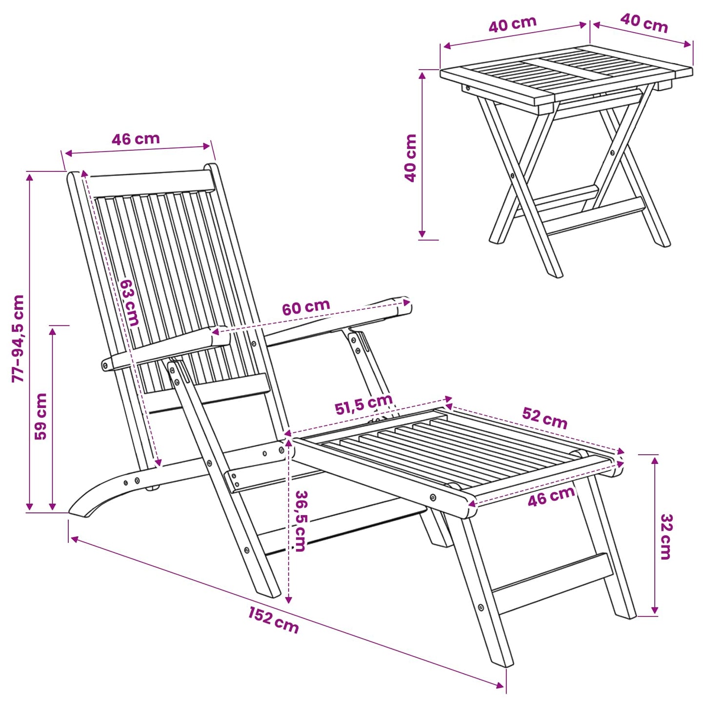 Folding Deck Chair with Table 2 pcs Natural Solid Teak Wood