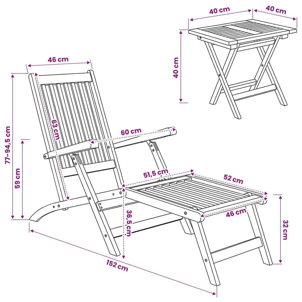 Folding Deck Chair with Table 2 pcs Natural Solid Teak Wood