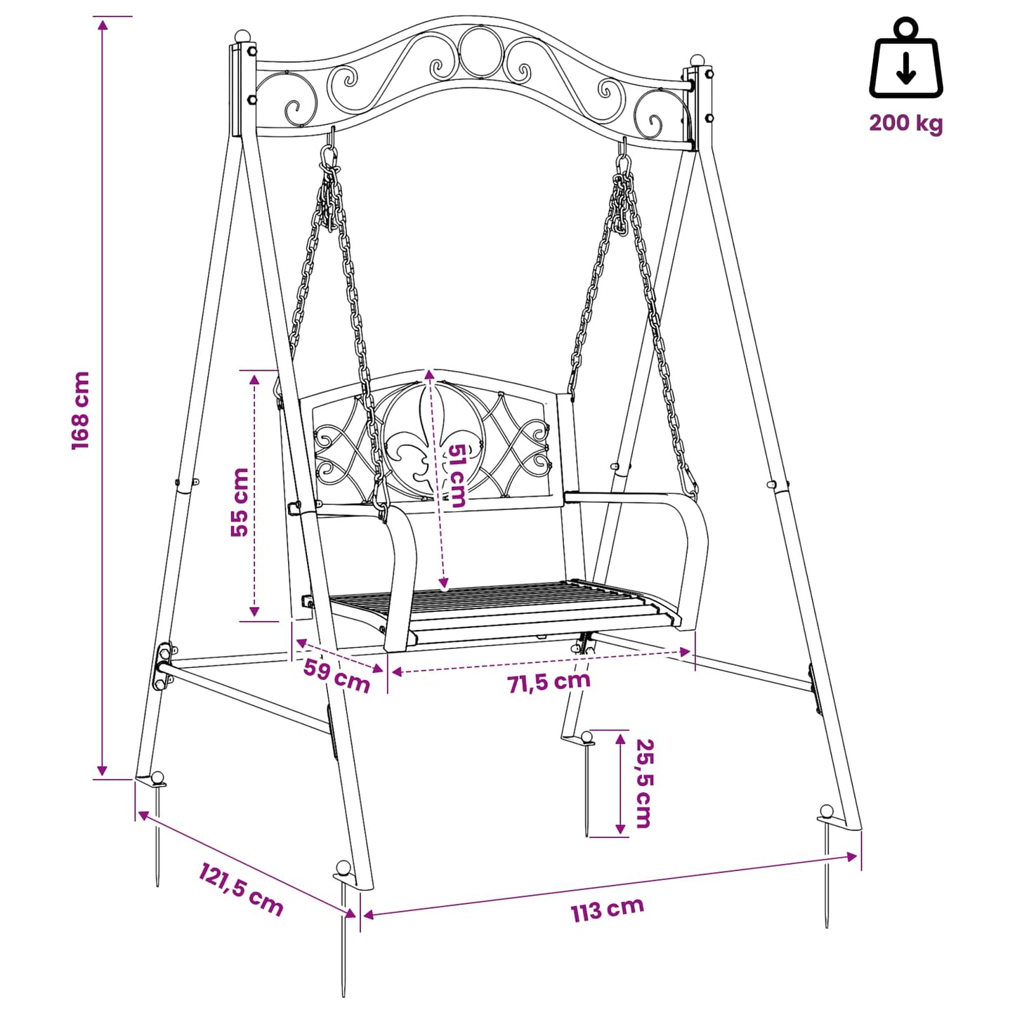 Swing Bench Steel 113 x 121.5 x 168 cm Antique White