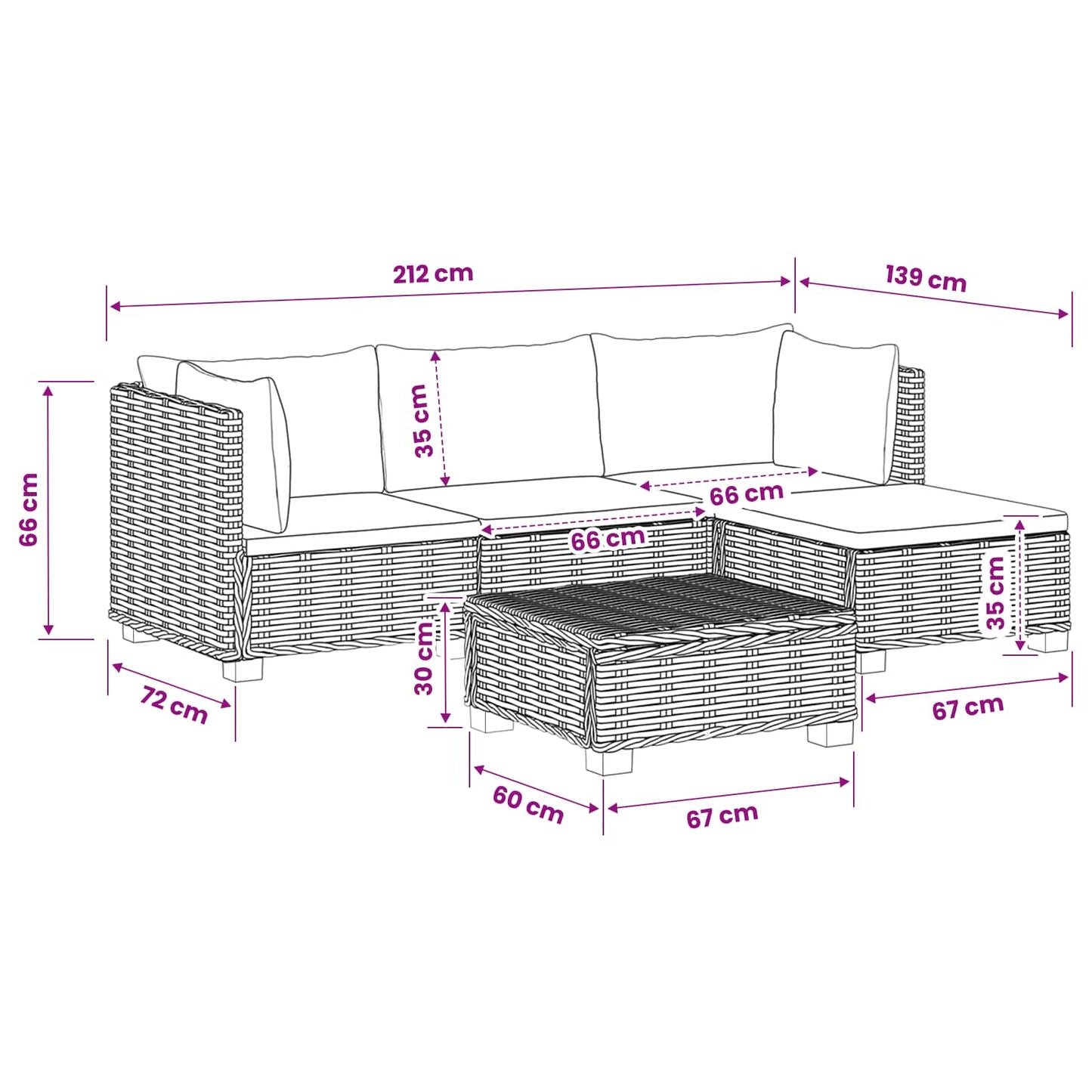 5 pcs Rattan Lounge Set with Cushions GENDT Natural Rattan