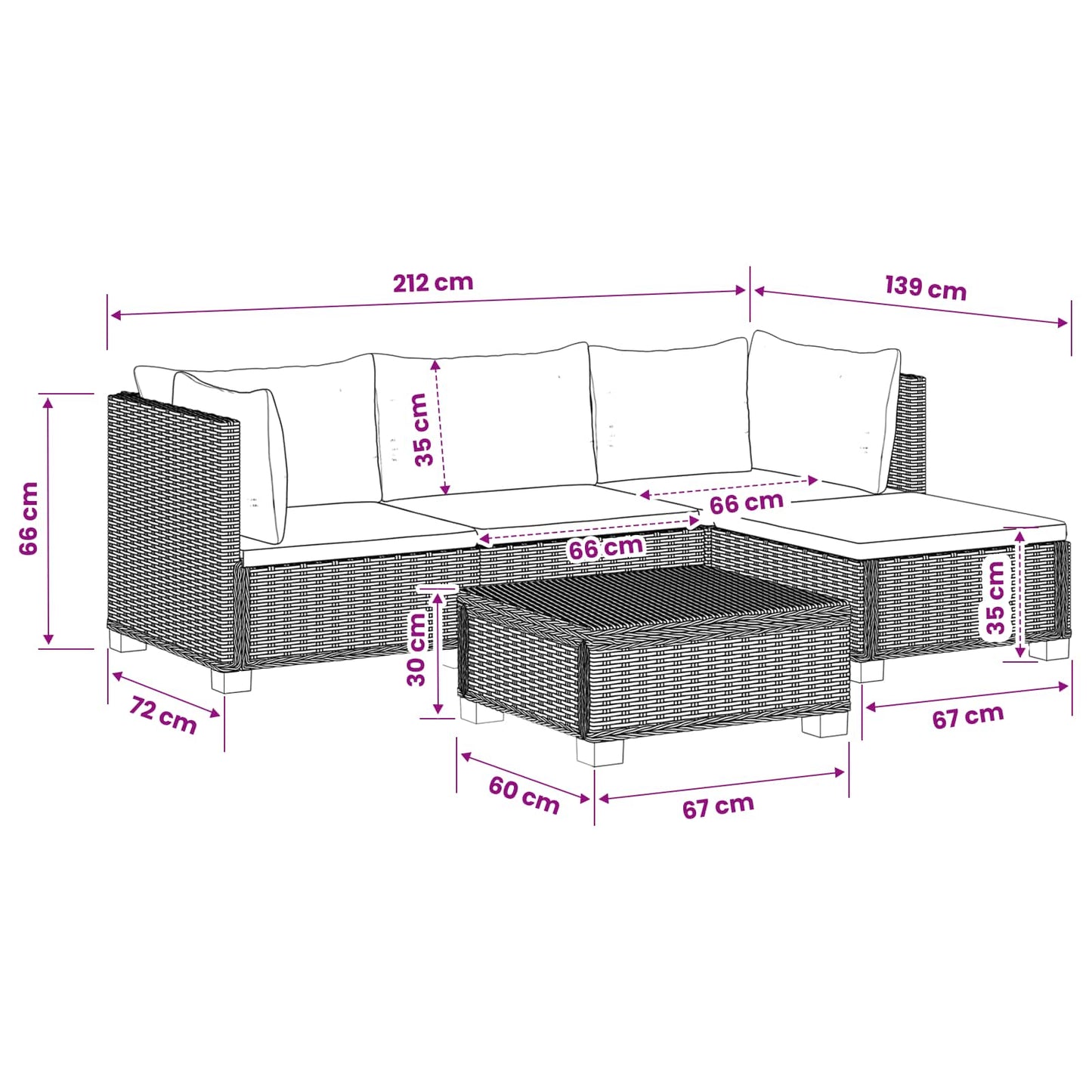 5 pcs Rattan Lounge Set with Cushions GENDT Natural Rattan