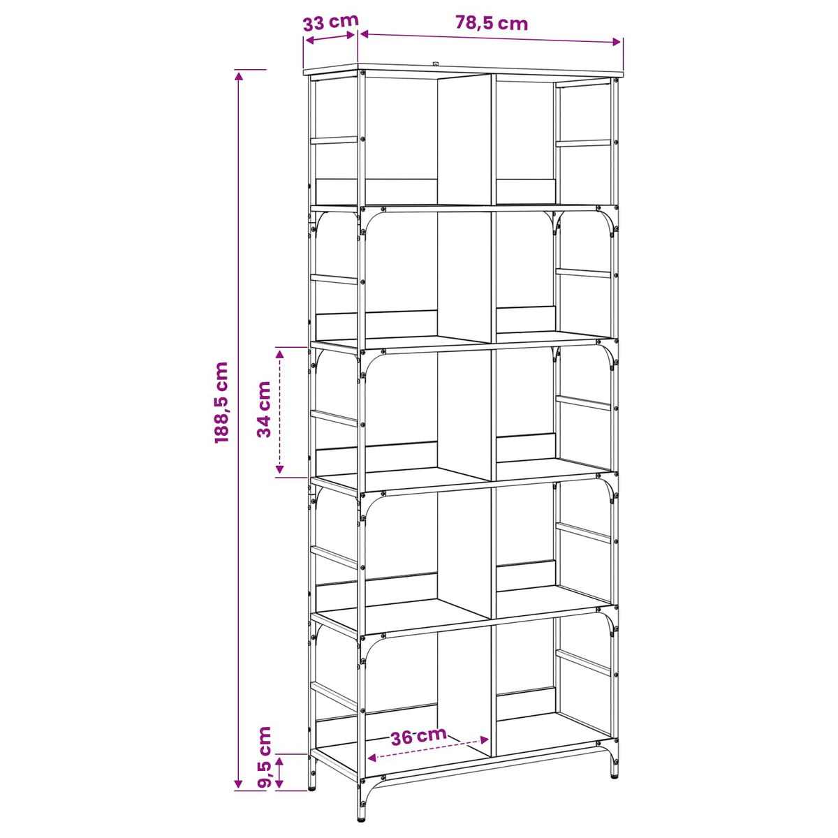 Bookshelf 4-Tier 78.5 x 33 x 188.5 cm metal PB Old wood