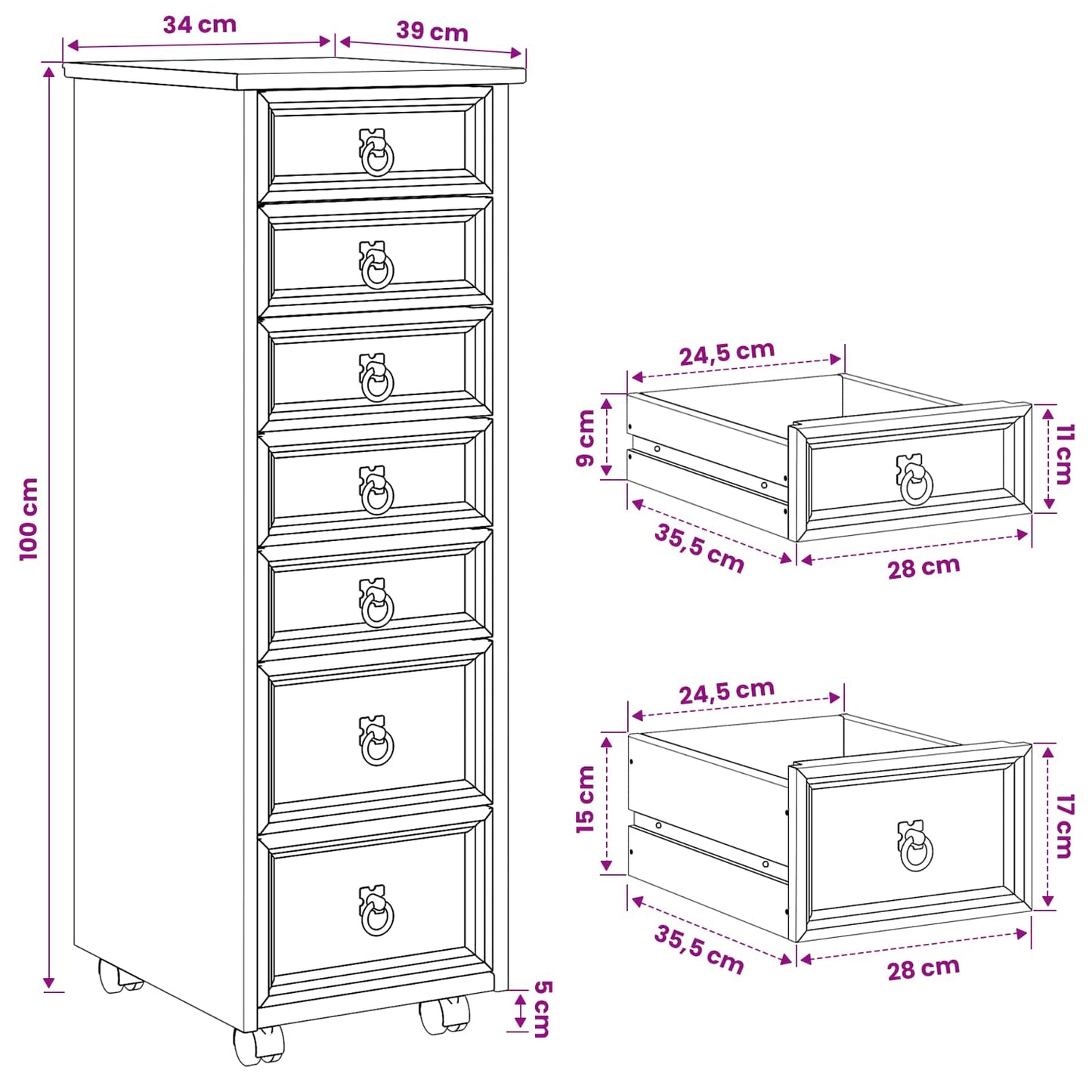 Rolling Cabinet with Drawers CORONA White