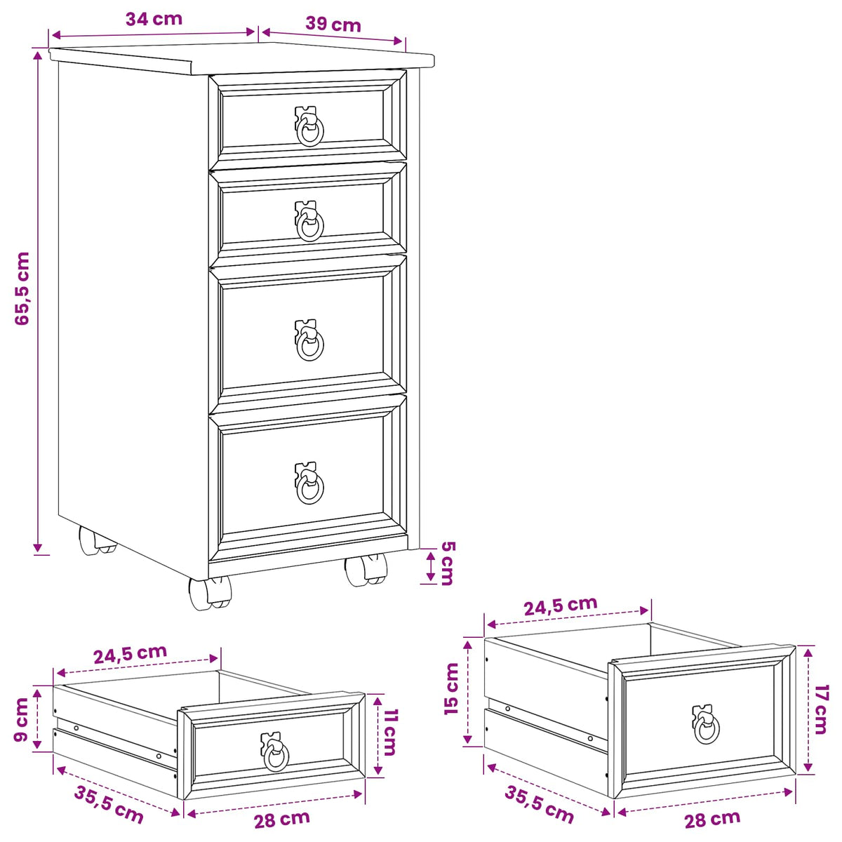 Rolling Cabinet with Drawers CORONA Honey Brown