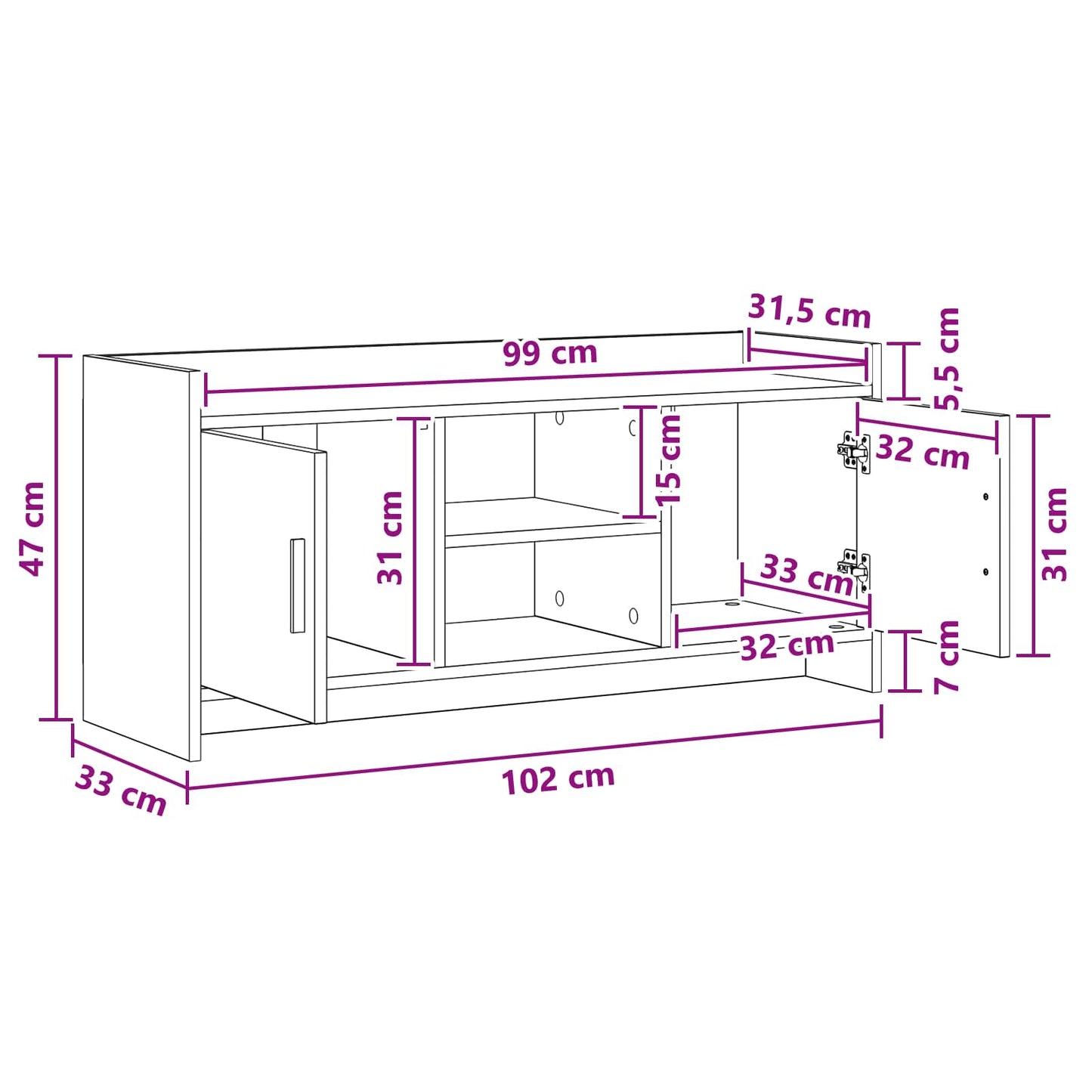 TV Cabinet 102 x 33 x 47 cm Black Oak Engineered Wood
