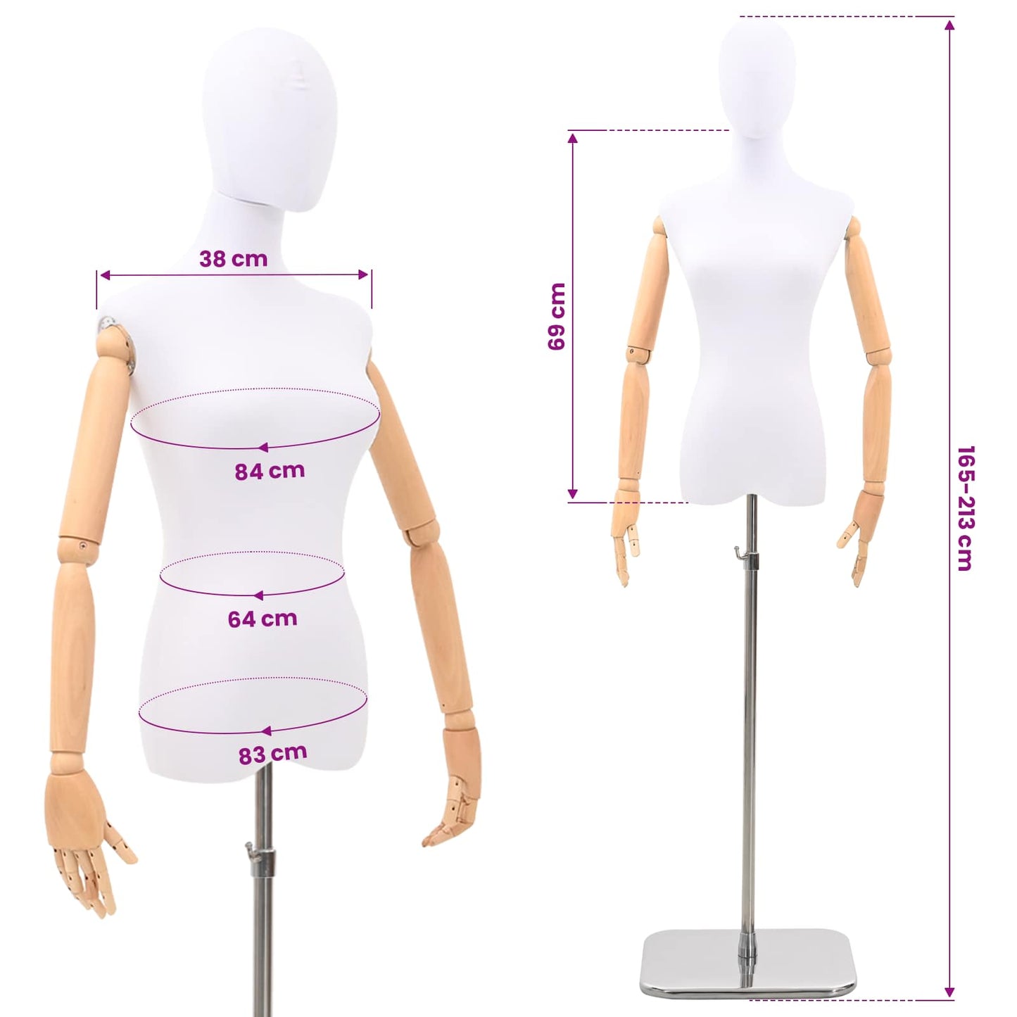Adjustable 165-213 cm Mannequin with Base Female PP White