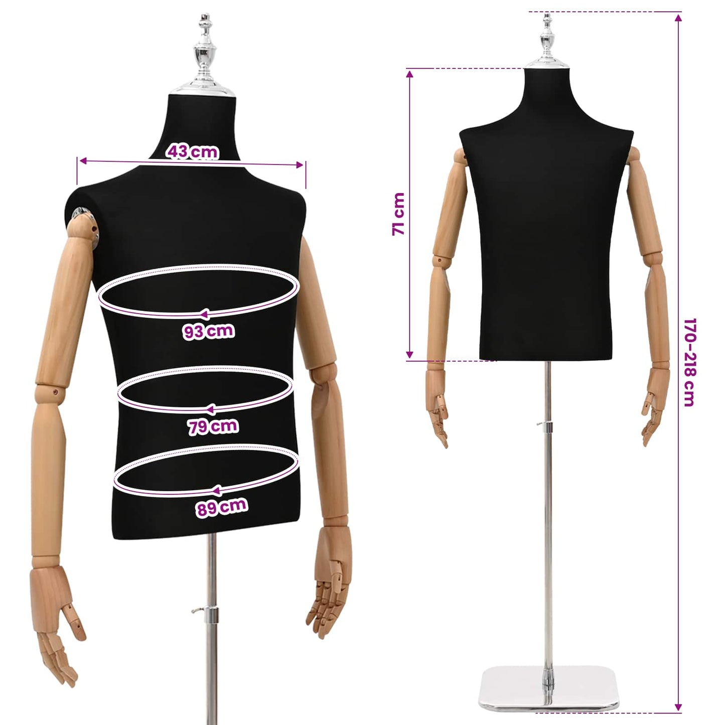 Adjustable 170-218 cm Mannequin with Base Male PP Black