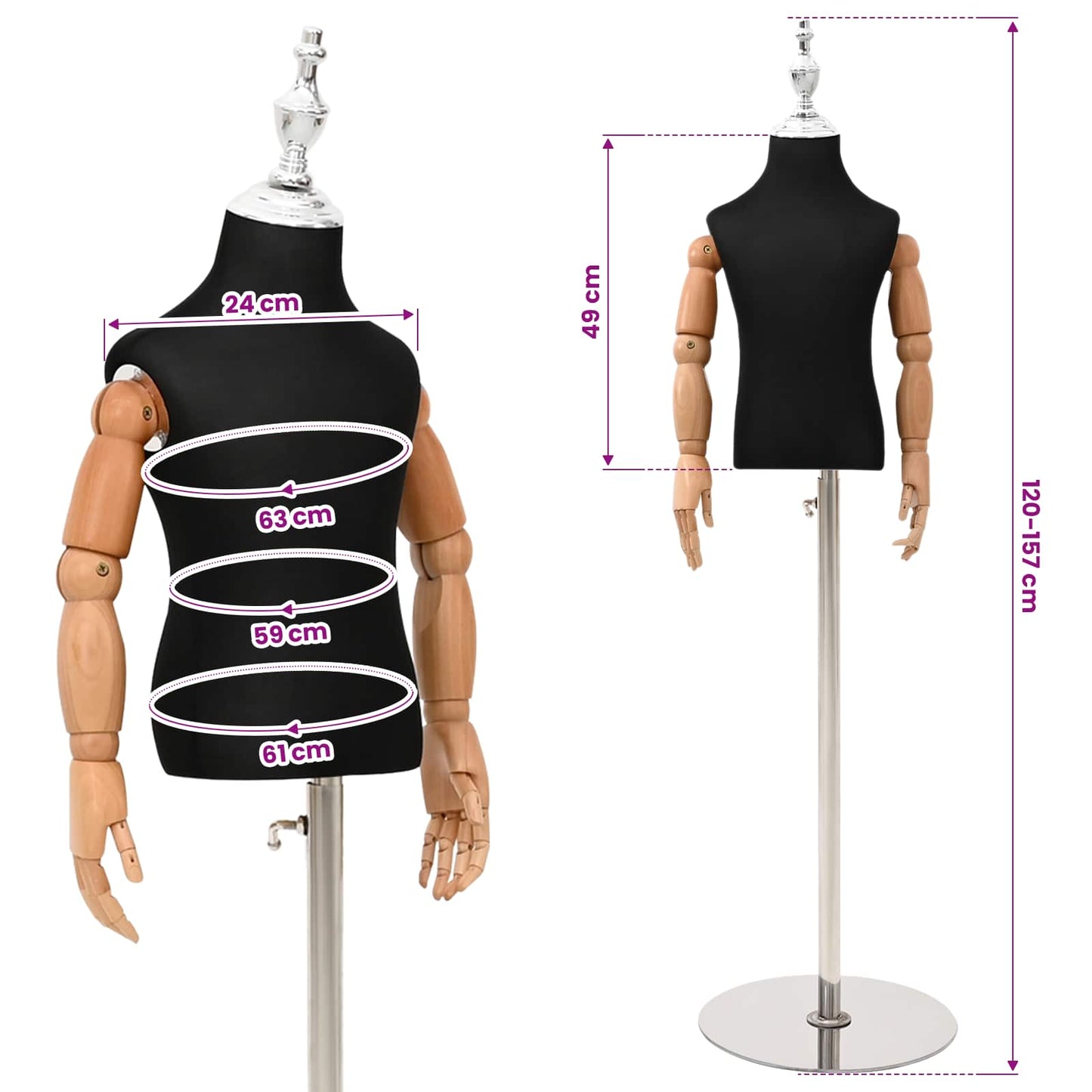 Adjustable 120-157 cm Mannequin with Base Unisex PP Black