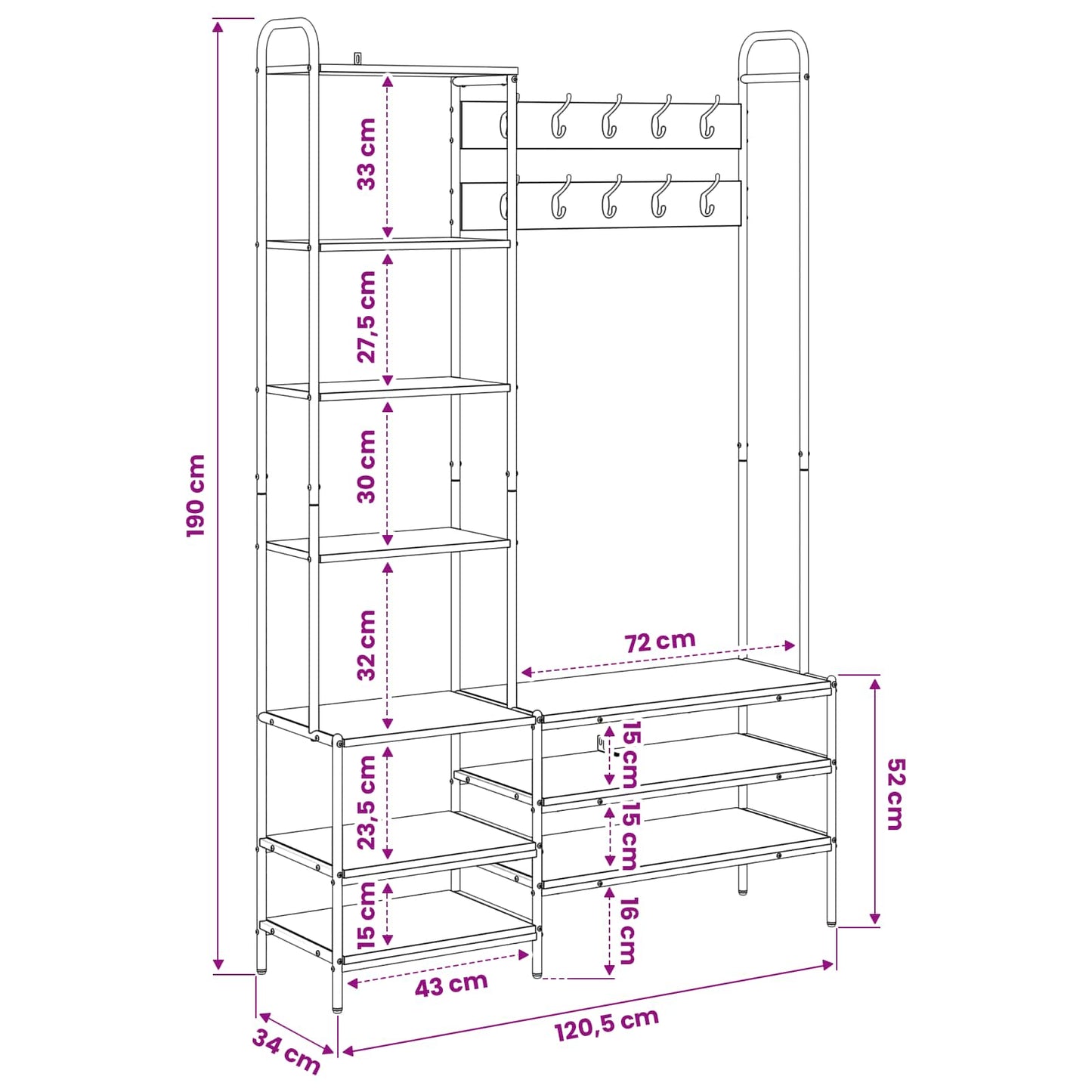 Coat Stand with Shoes Bench Sonoma Oak 120.5 x 34 x 190 cm
