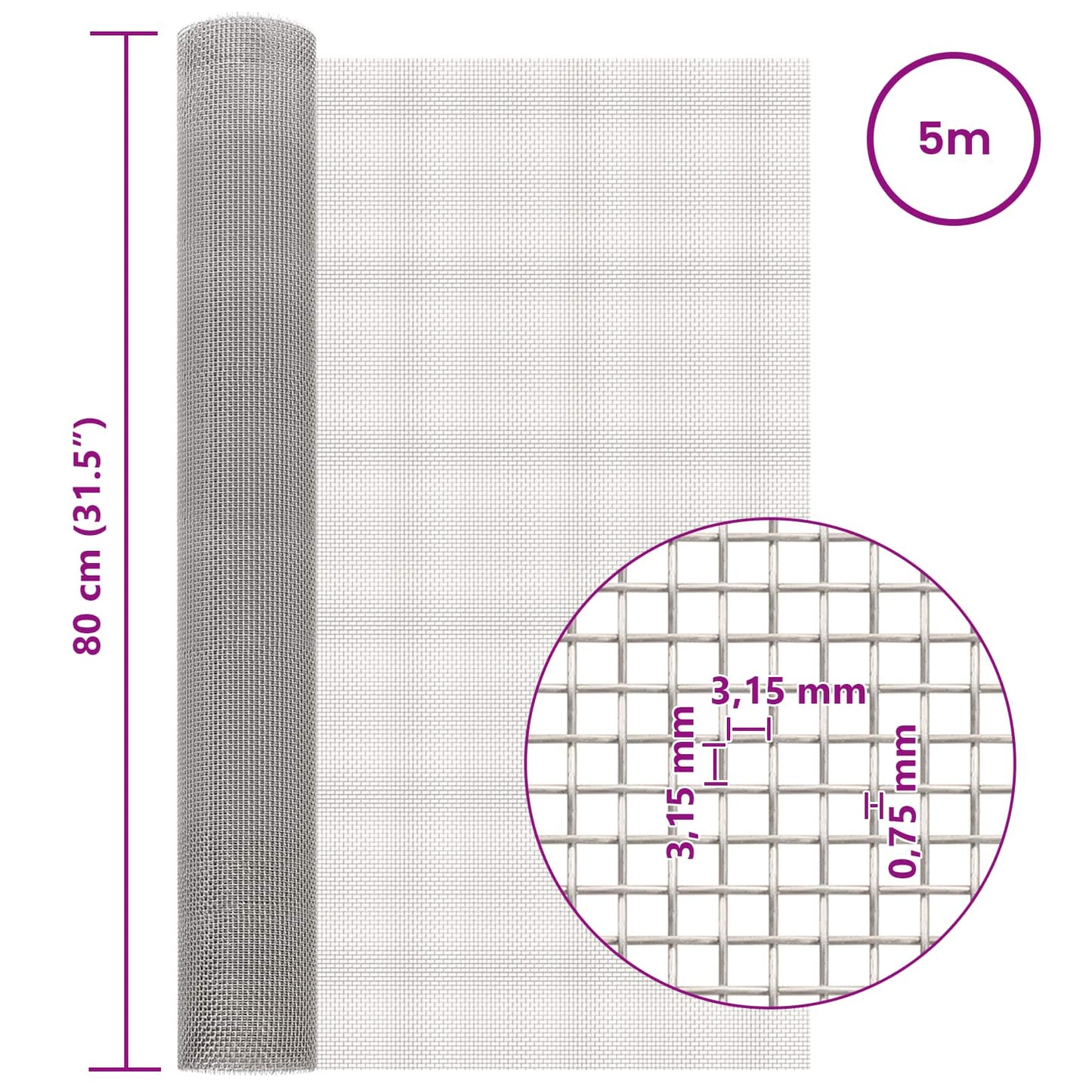Mesh Screen 80 x 500 cm 6 Mesh Stainless Steel 201 Silver