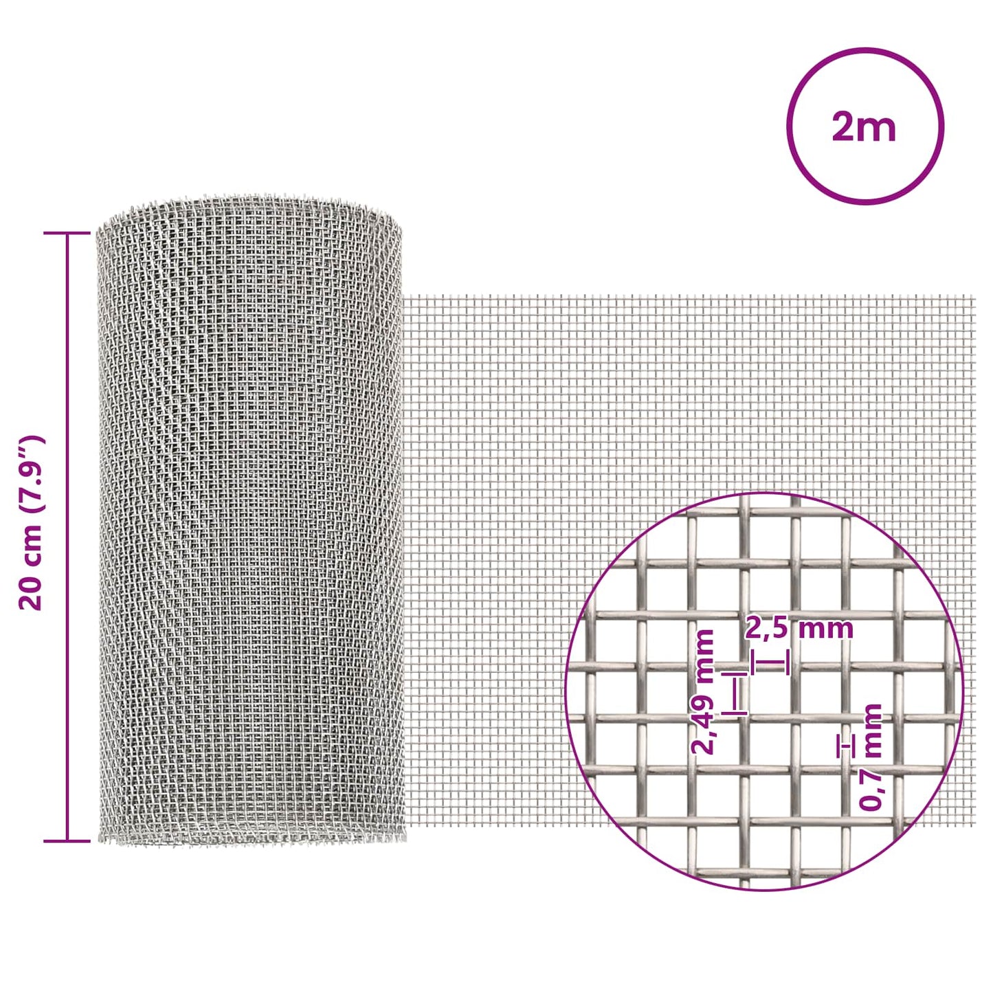 Mesh Screen 20 x 200 cm 8 Mesh Stainless Steel 201 Silver