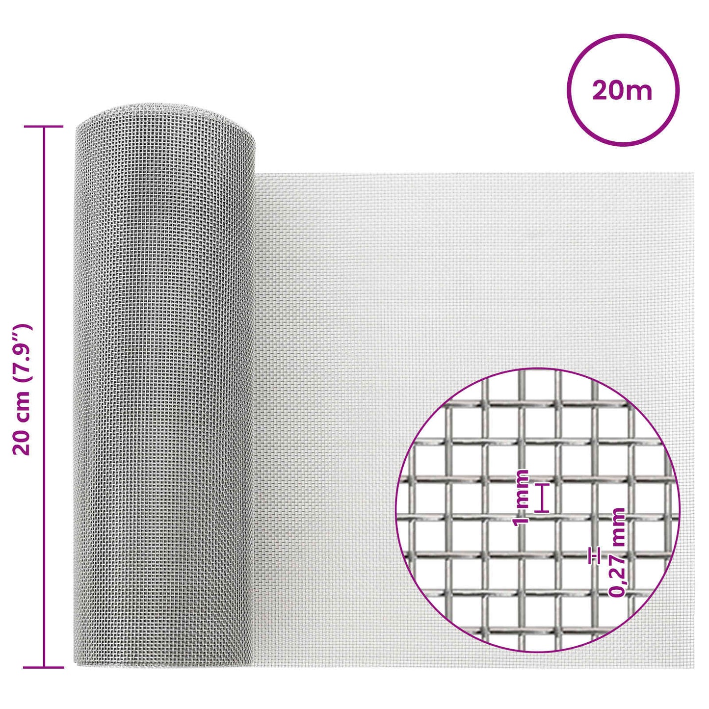 Mesh Screen 20 x 2000 cm 20 Mesh Stainless Steel 201 Silver