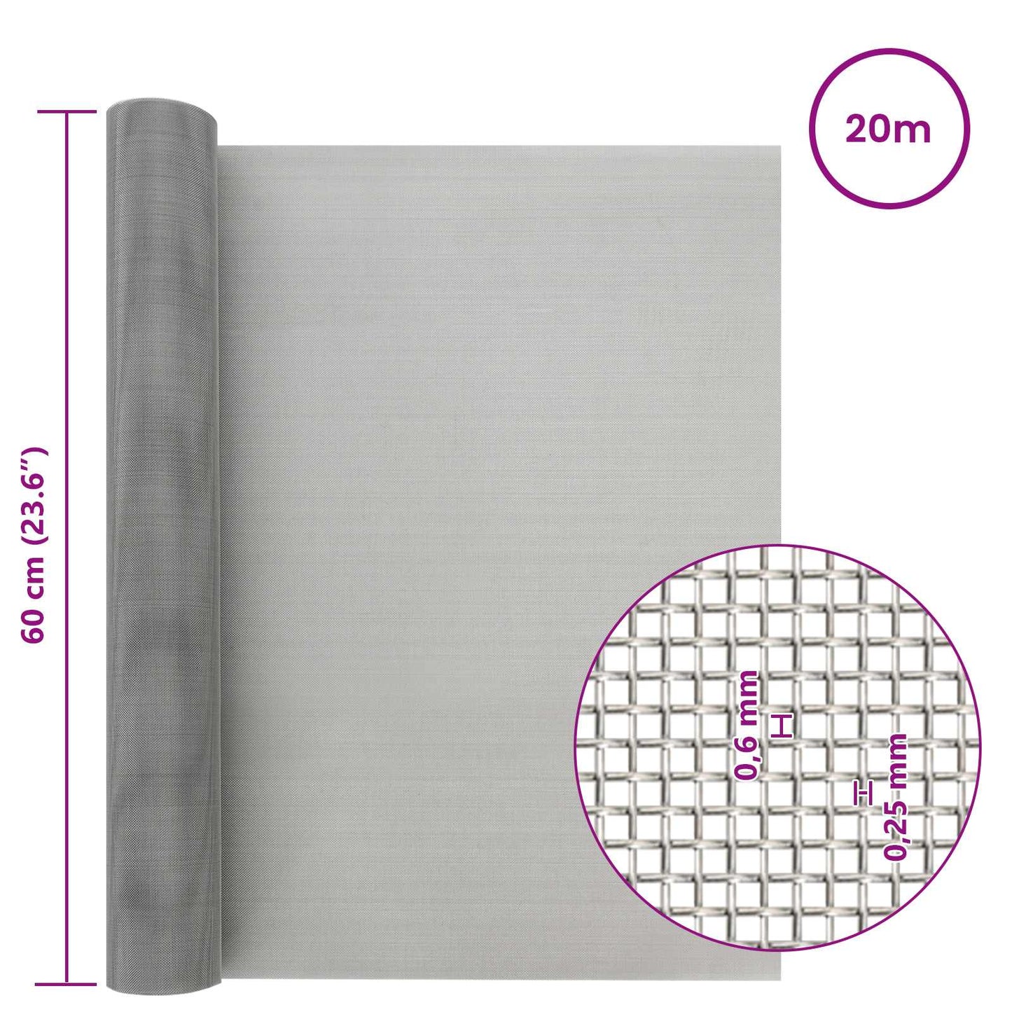 Mesh Screen 60 x 2000 cm 30 Mesh Stainless Steel 201 Silver