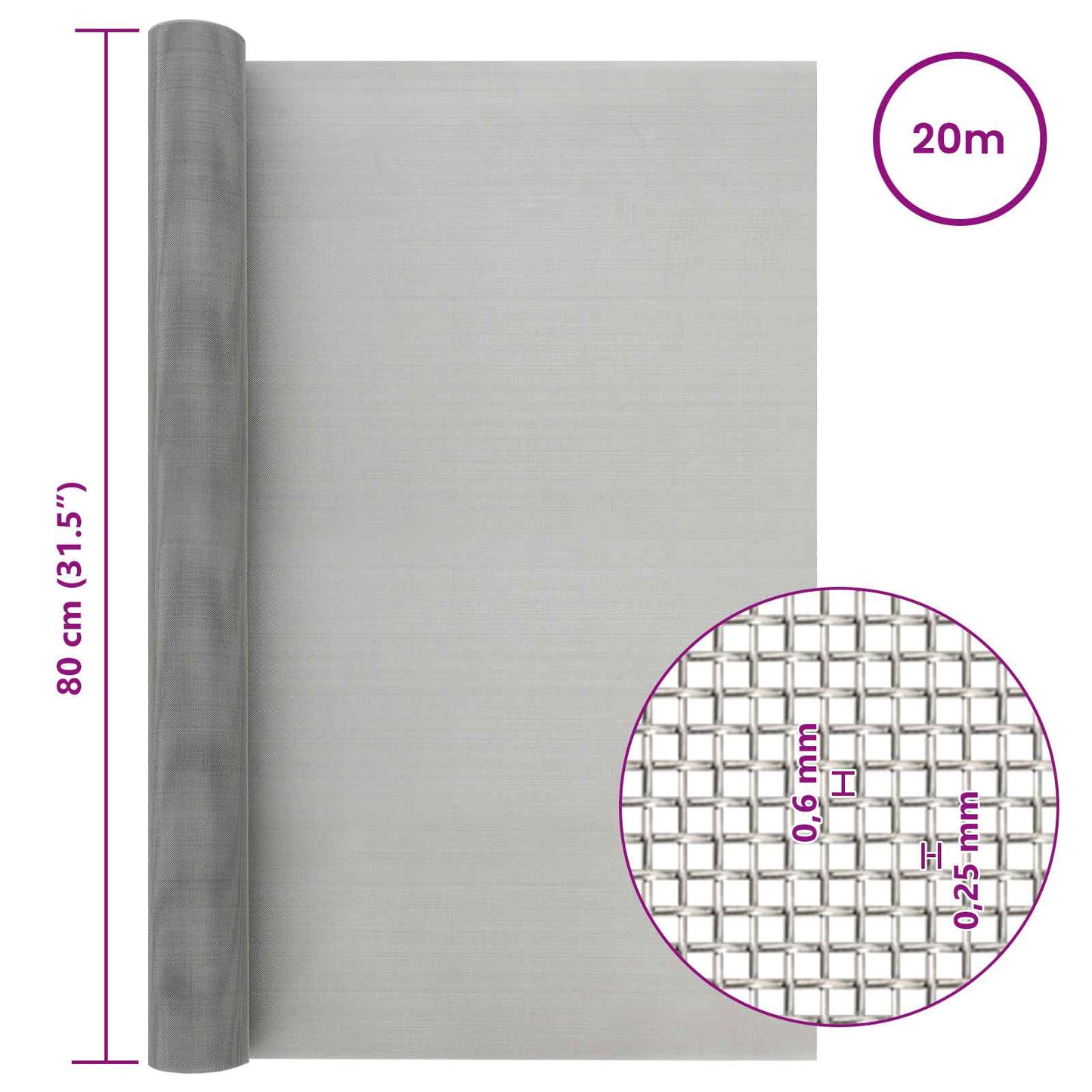 Mesh Screen 80 x 2000 cm 30 Mesh Stainless Steel 201 Silver