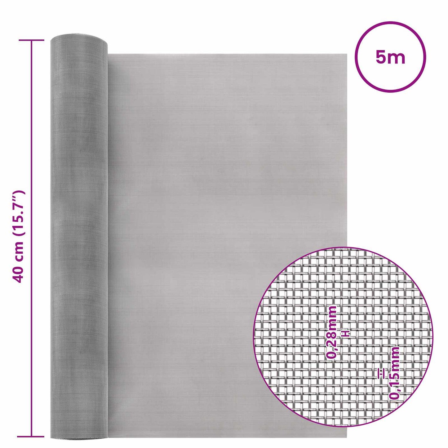 Mesh Screen 40 x 500 cm 60 Mesh Stainless Steel 201 Silver