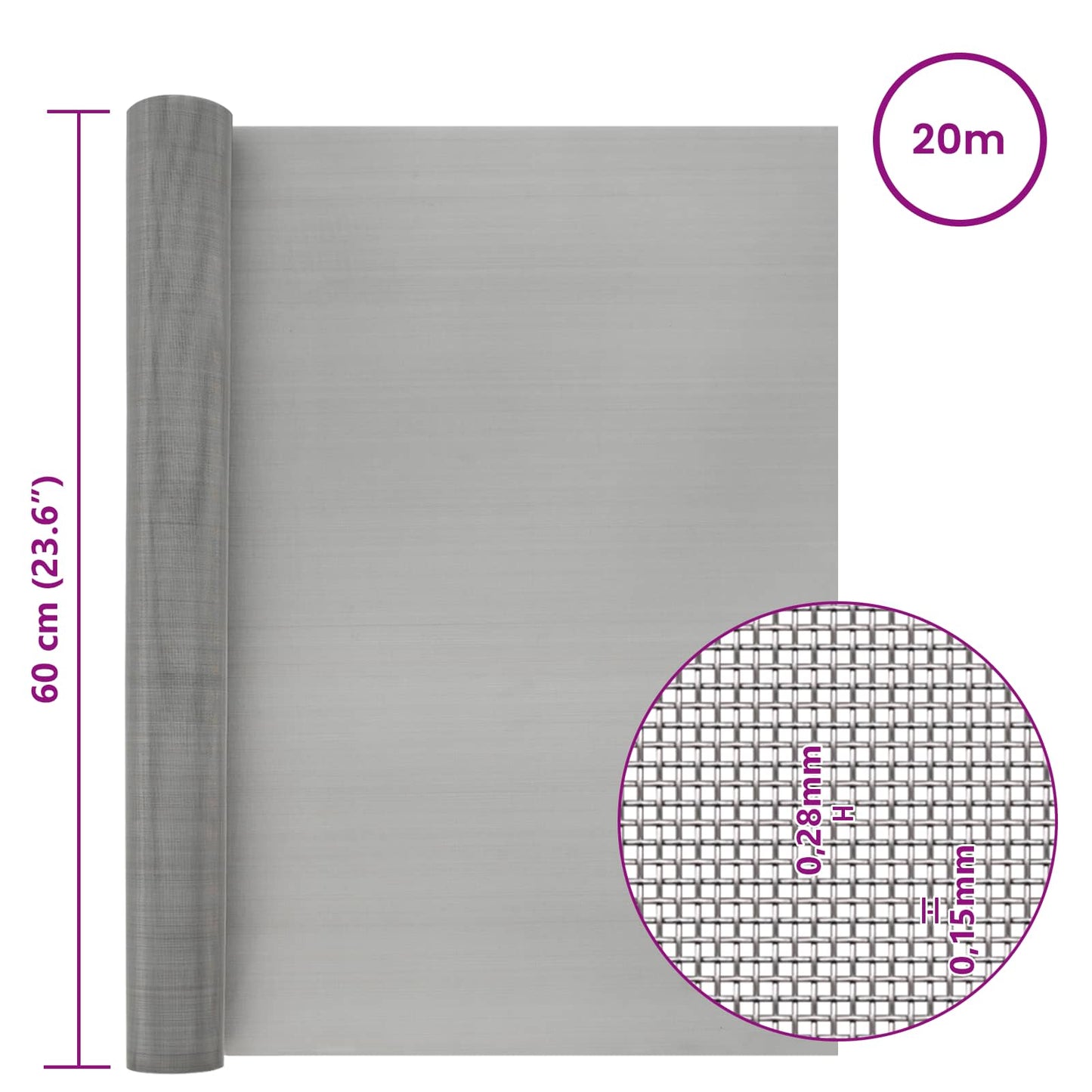 Mesh Screen 60 x 2000 cm 60 Mesh Stainless Steel 201 Silver