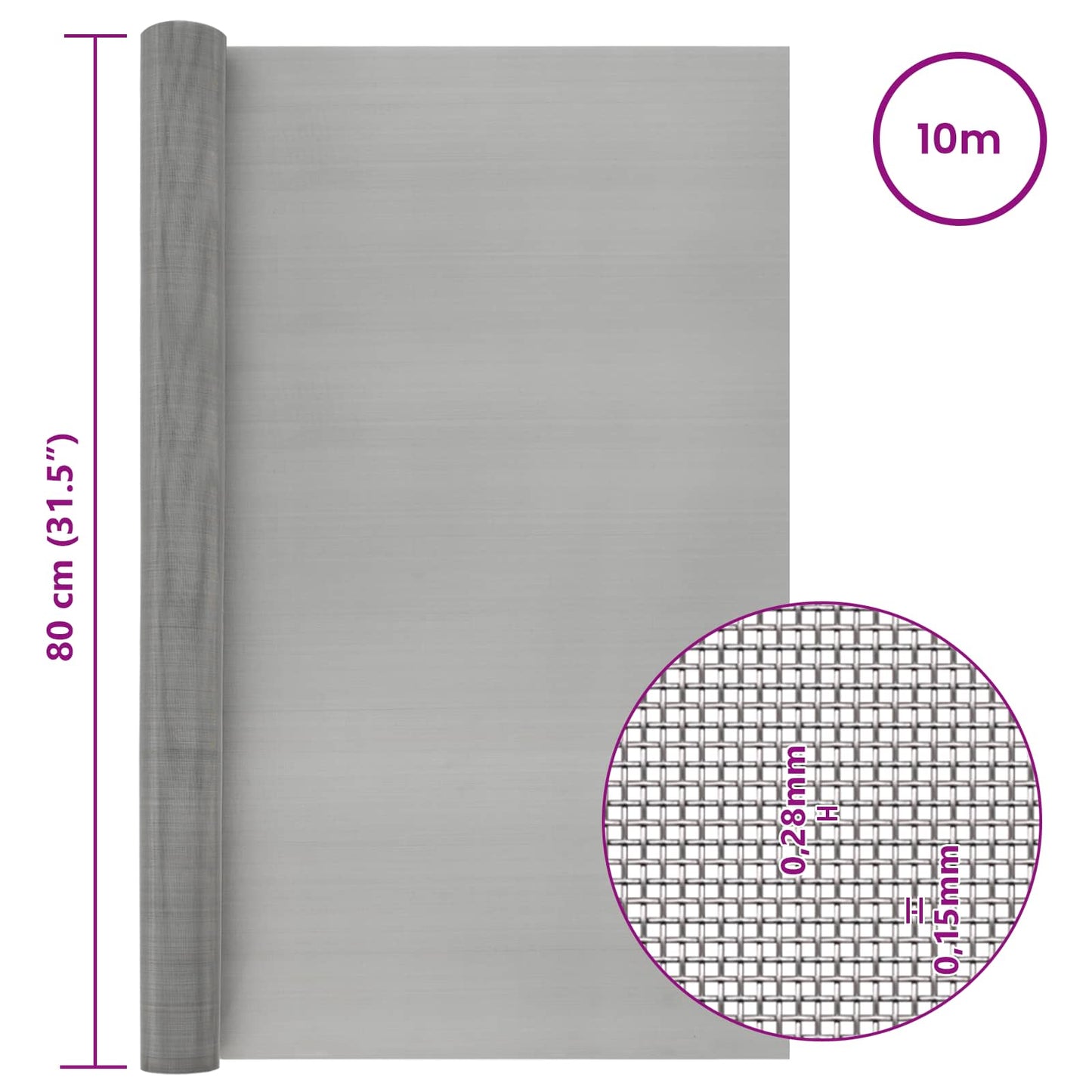 Mesh Screen 80 x 1000 cm 60 Mesh Stainless Steel 201 Silver