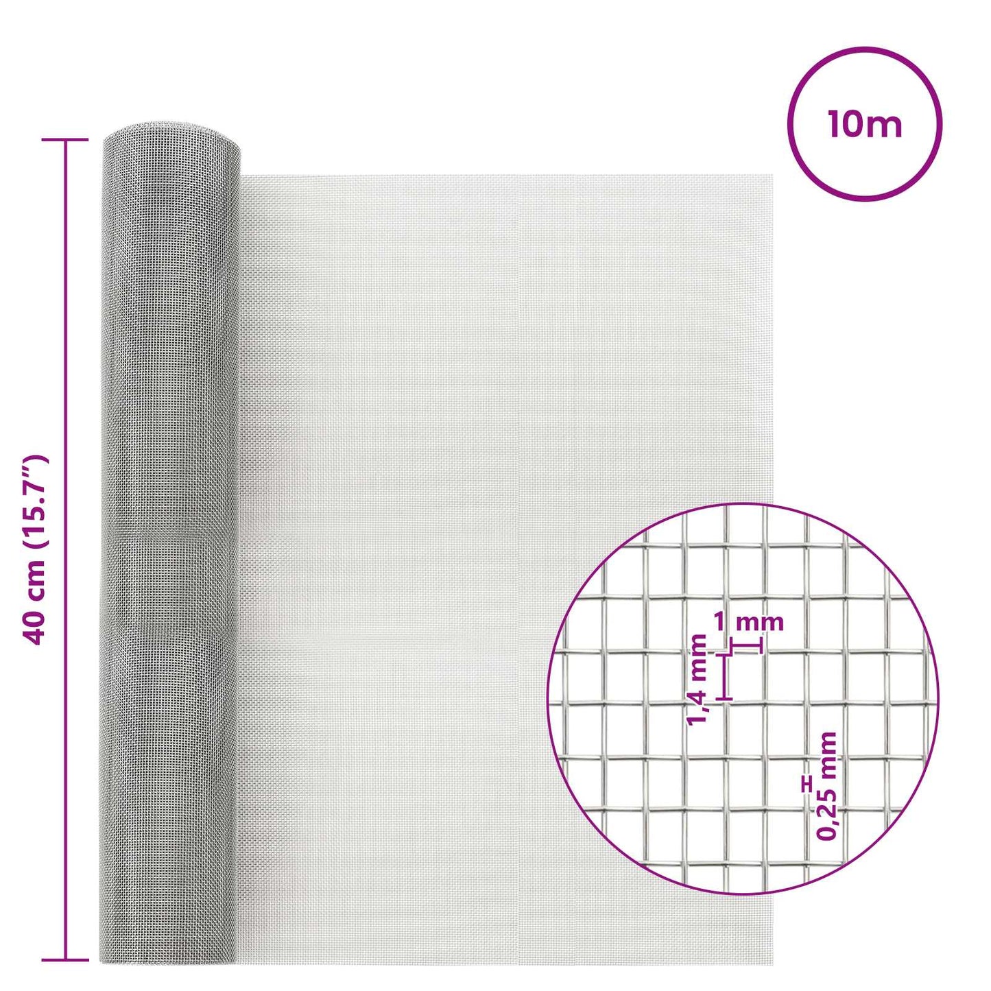 Mesh Screen 40 x 1000 cm 18 mesh Stainless Steel 304 Silver