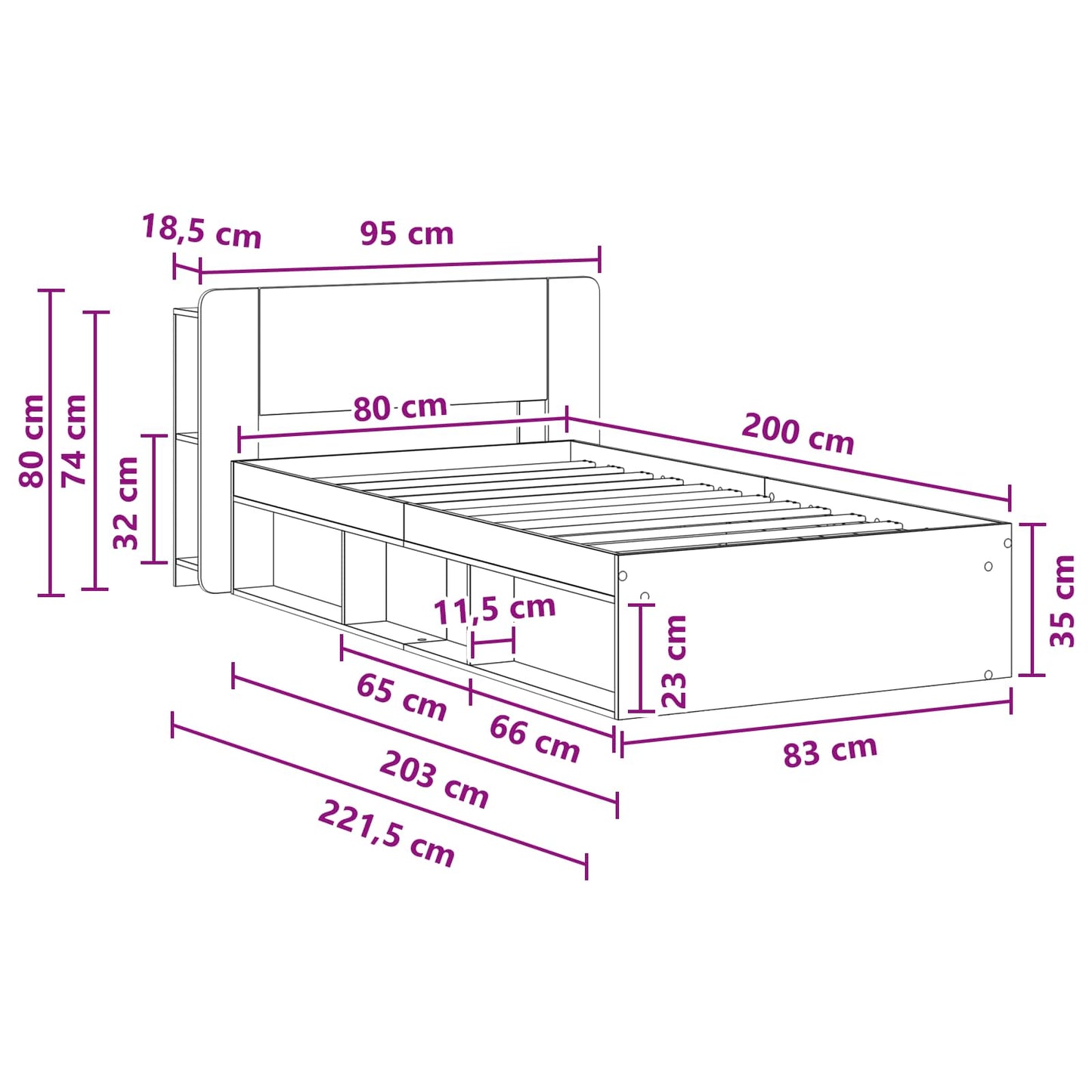 Bed Frame with Storage with Headboard Concrete Grey 80 x 200 cm
