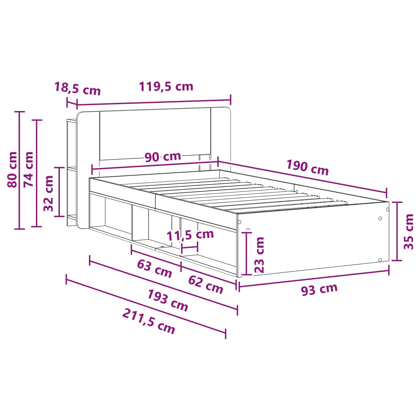 Bed Frame with Storage White 90 x 190 cm Engineered Wood