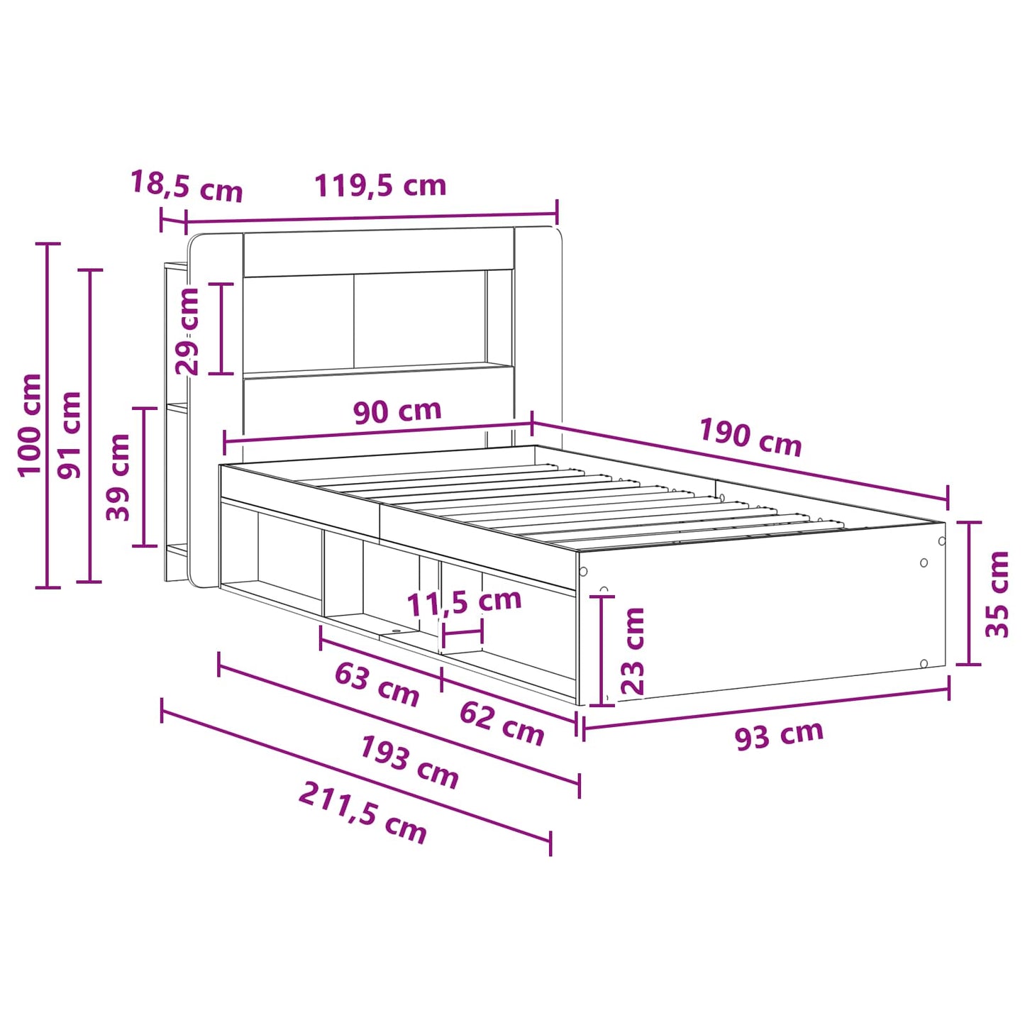 Bed Frame with Storage Smoked Oak 90 x 190 cm Engineered Wood