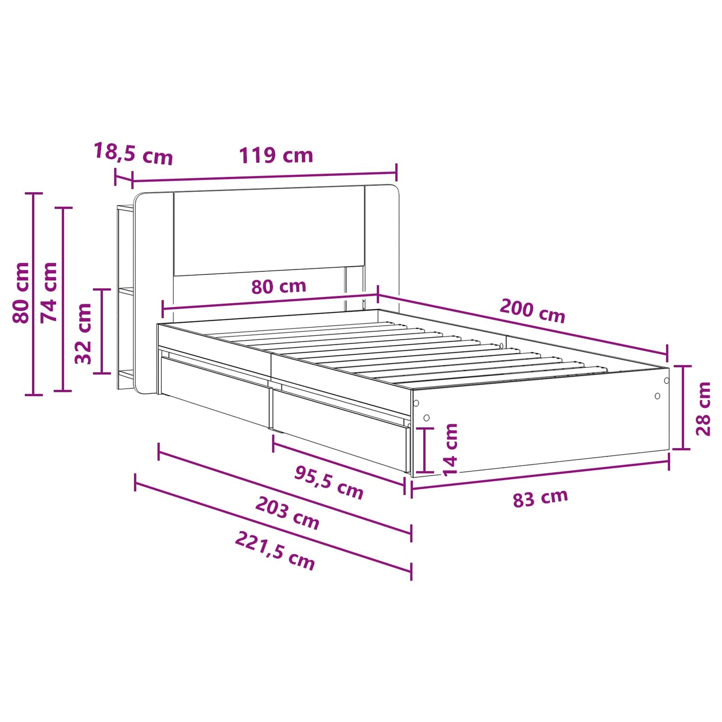 Bed Frame with Storage Smoked Oak 100 x 200 cm Engineered Wood