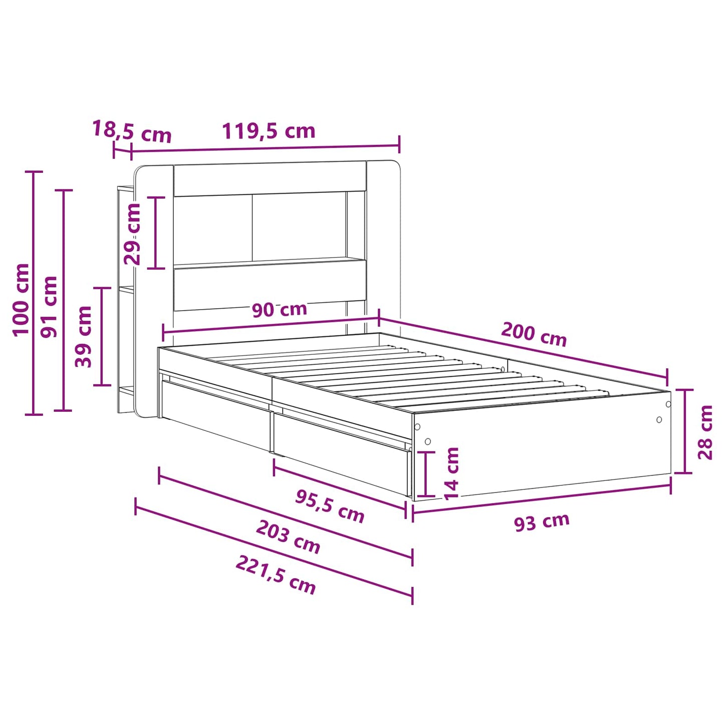 Bed Frame with Storage Sonoma Oak 90 x 200 cm Engineered Wood