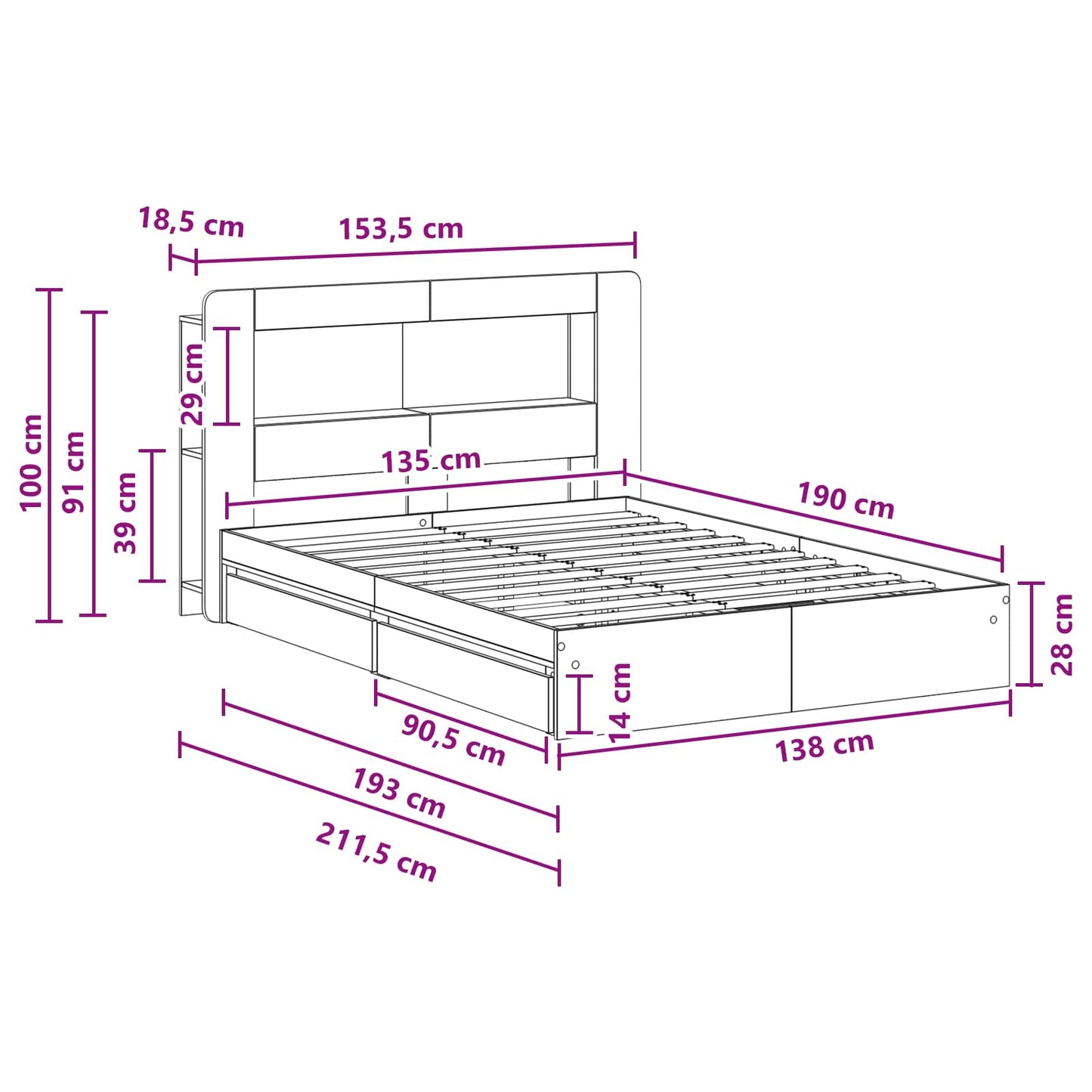 Bed Frame with Storage Smoked Oak 135 x 190 cm Engineered Wood