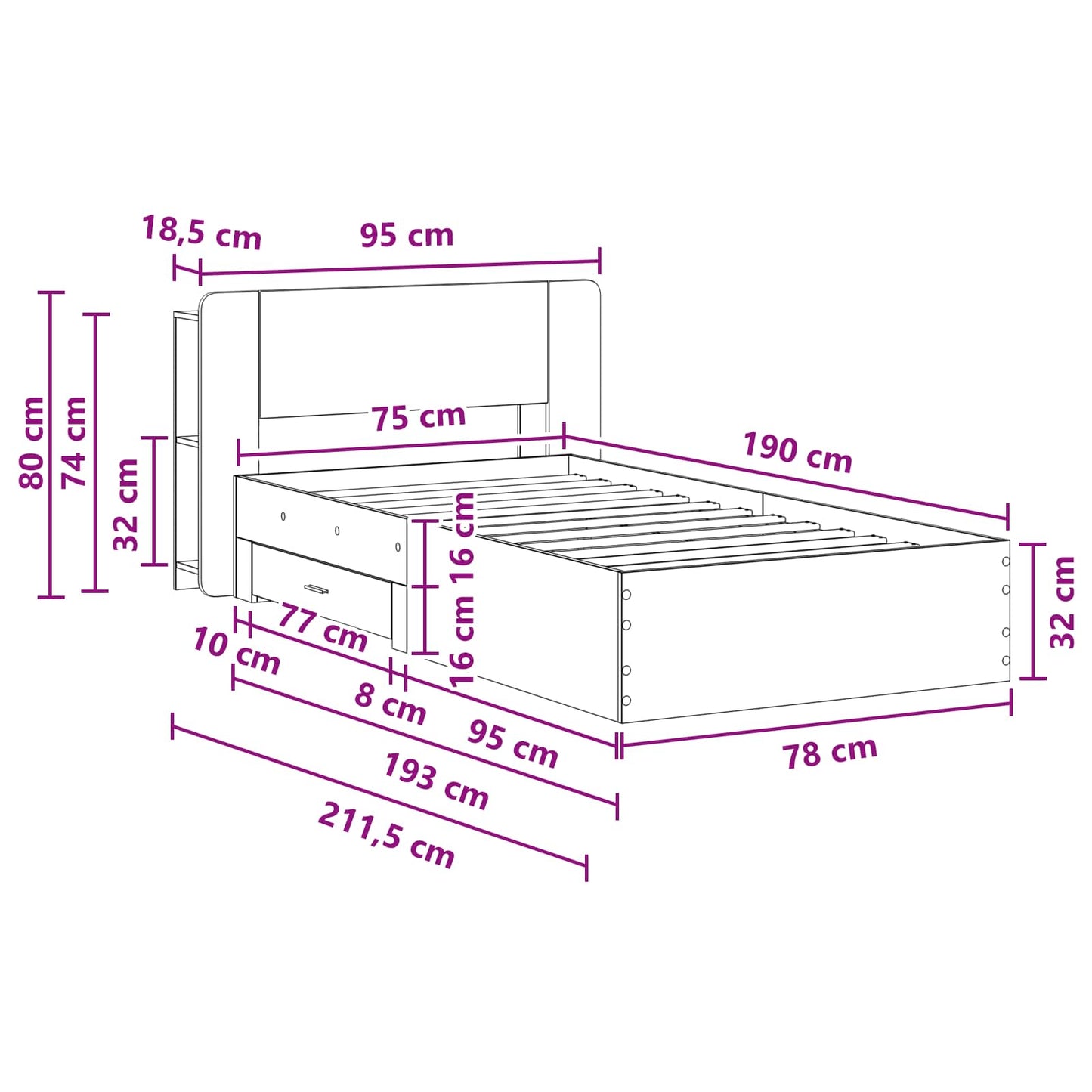 Bed Frame with Storage Black 75 x 190 cm Engineered Wood