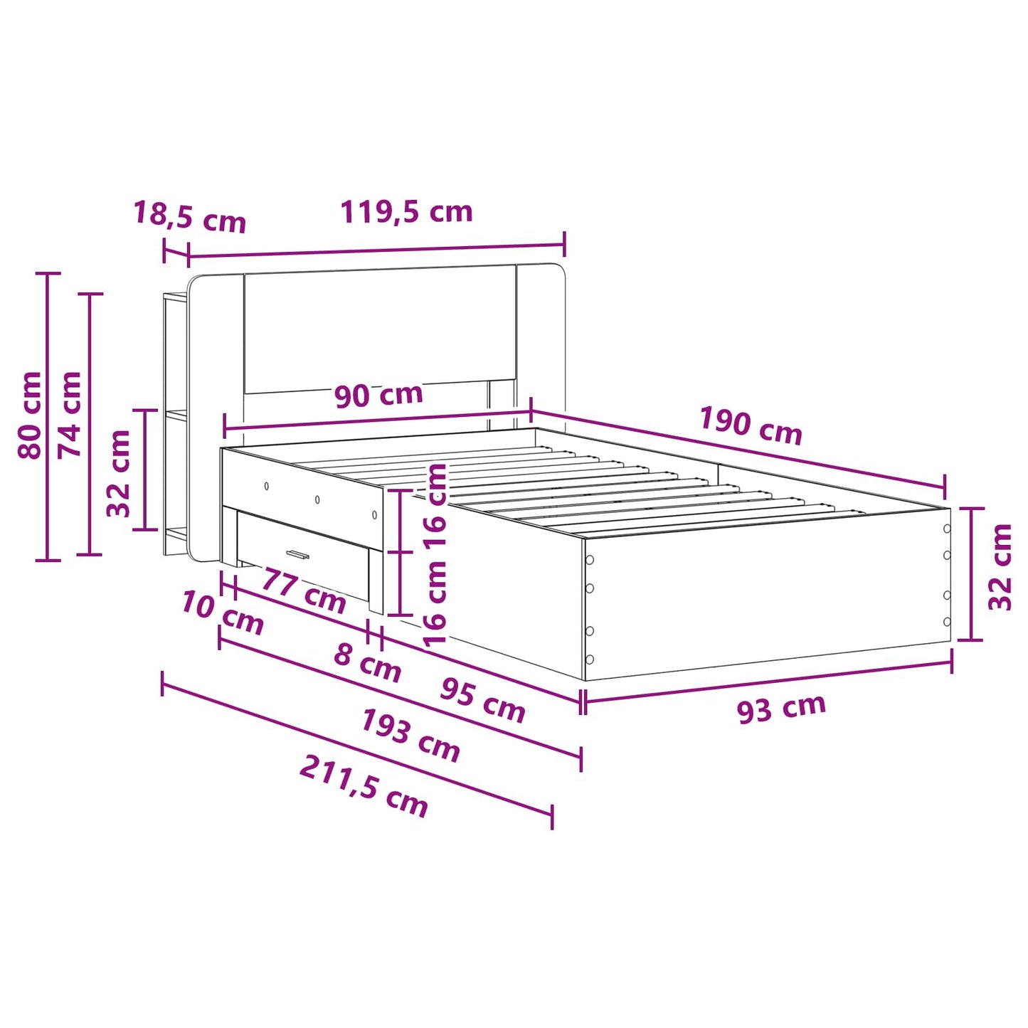 Bed Frame with Storage Sonoma Oak 90 x 190 cm Engineered Wood