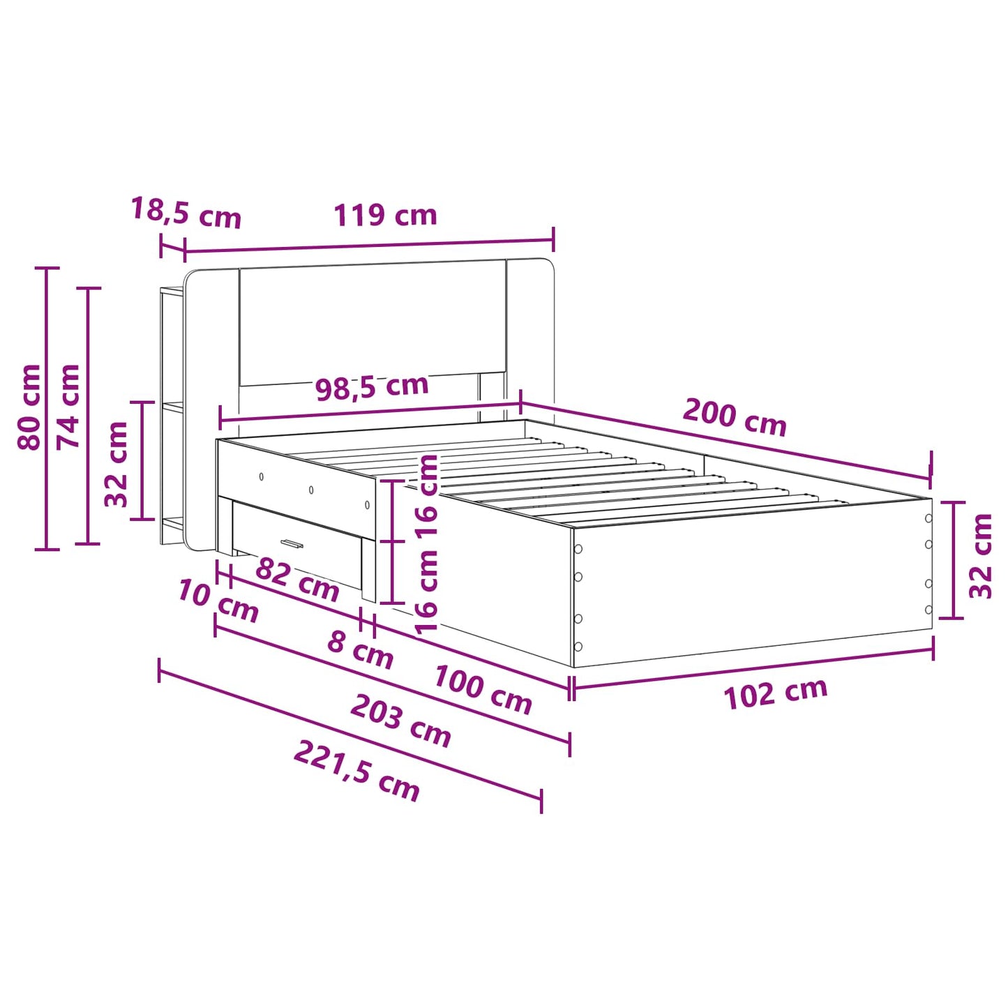 Bed Frame with Storage Artisan Oak 100 x 200 cm Engineered Wood
