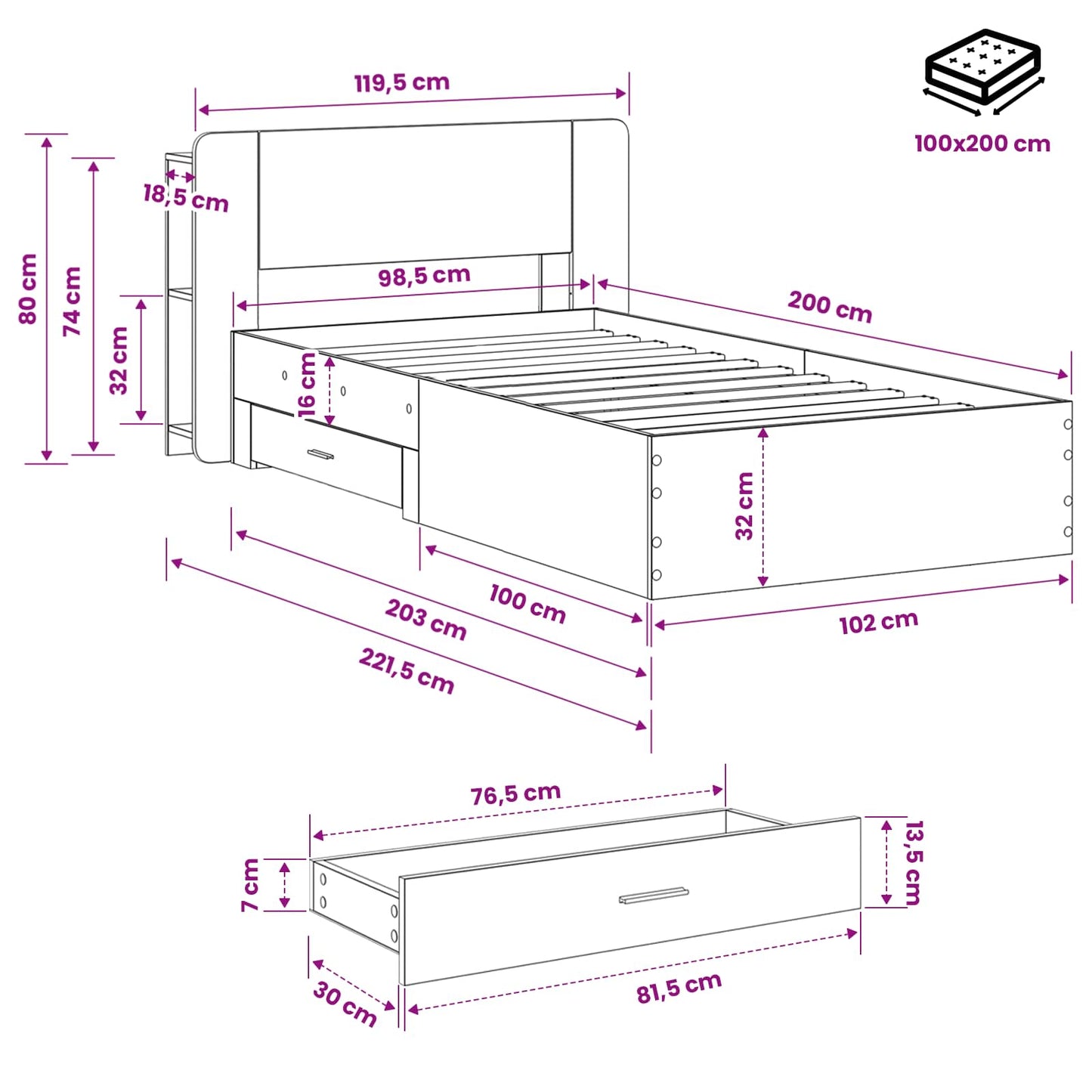 Bed Frame with Storage Grey Sonoma 100 x 200 cm Engineered Wood