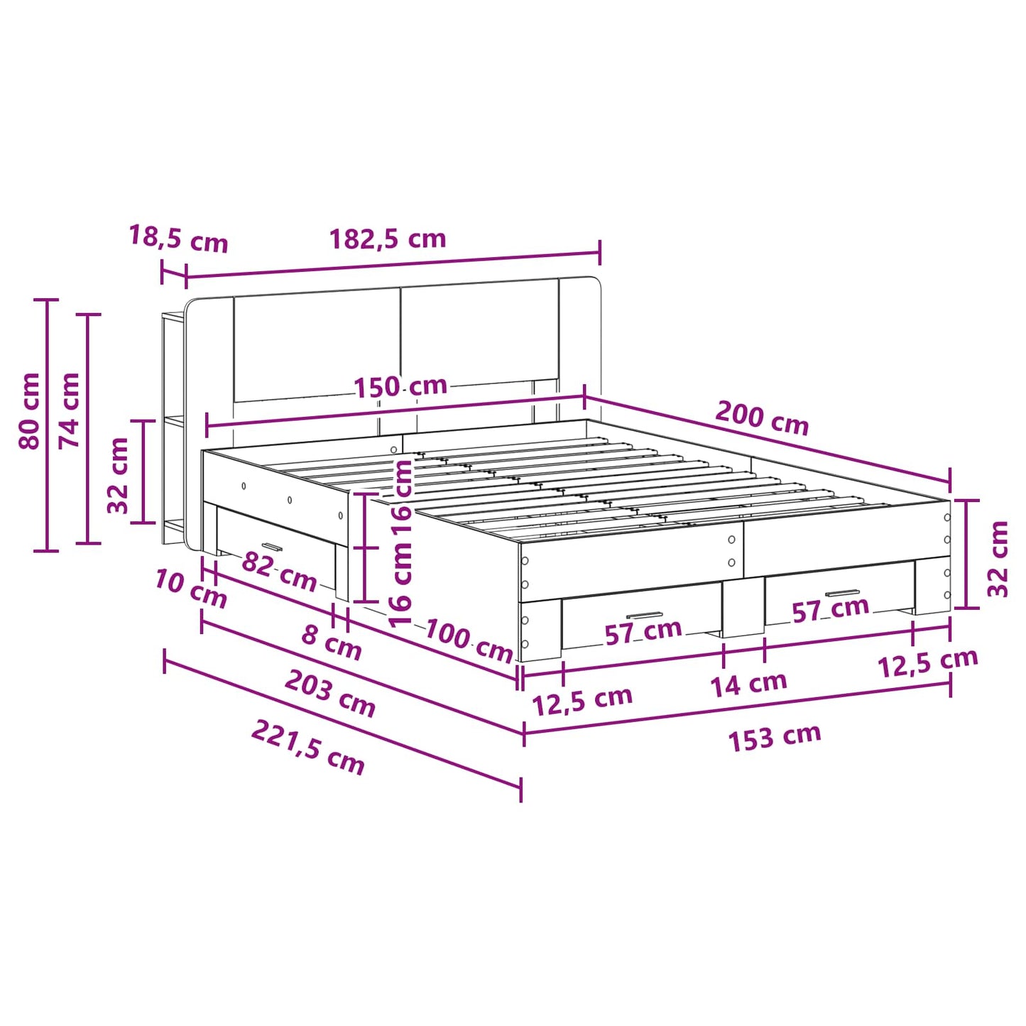 Bed Frame with Storage Concrete Grey 150 x 200 cm