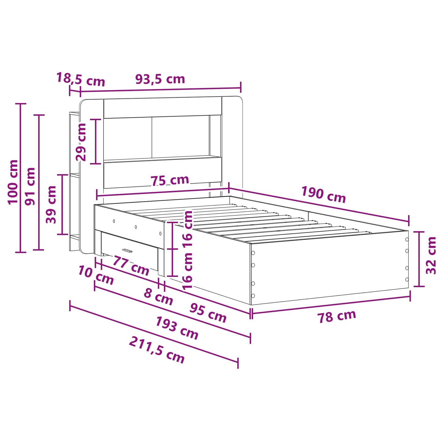 Bed Frame with Storage Sonoma Oak 75 x 190 cm Engineered Wood