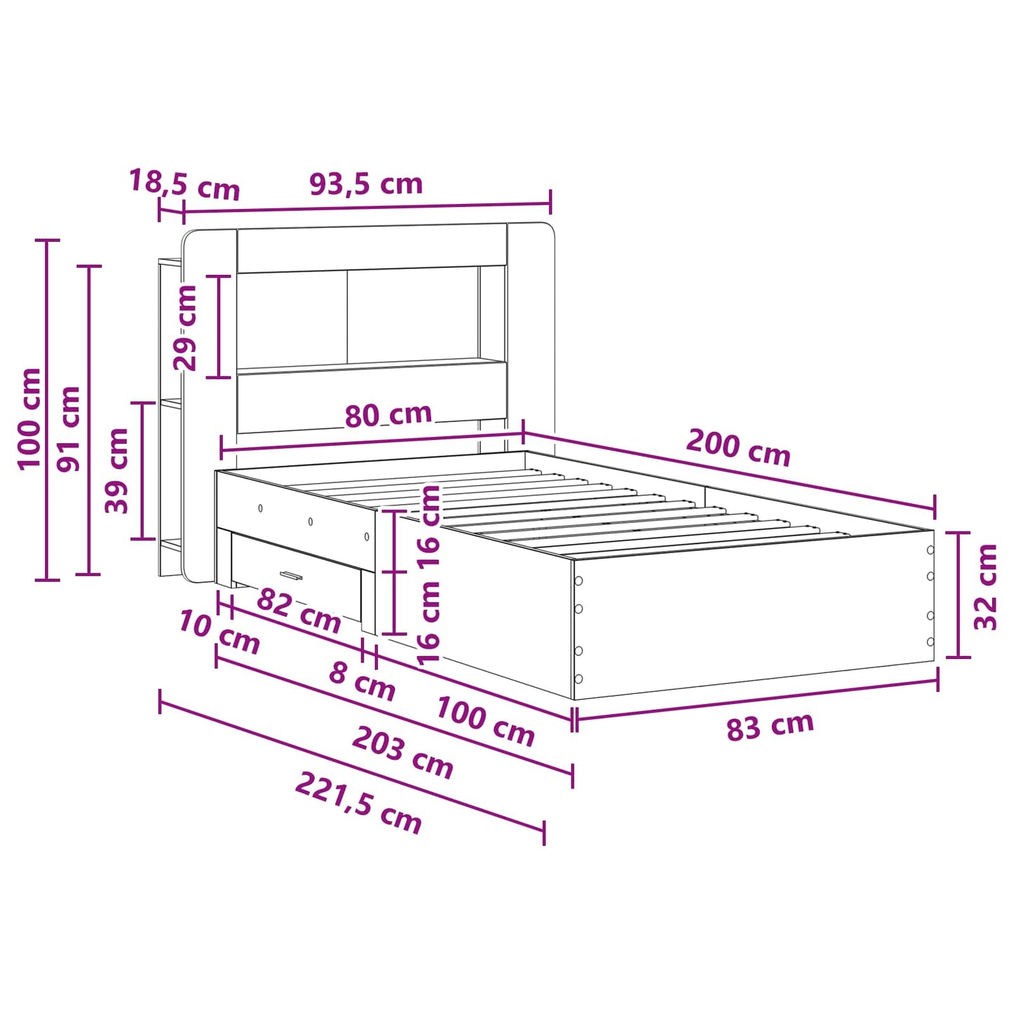 Bed Frame with Storage Sonoma Oak 80 x 200 cm Engineered Wood