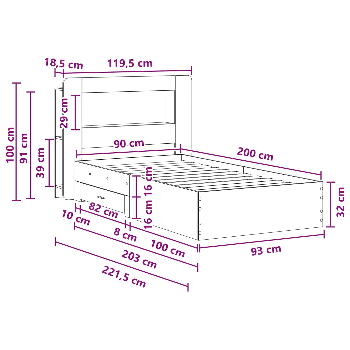 Bed Frame with Storage Grey Sonoma 90 x 200 cm Engineered Wood