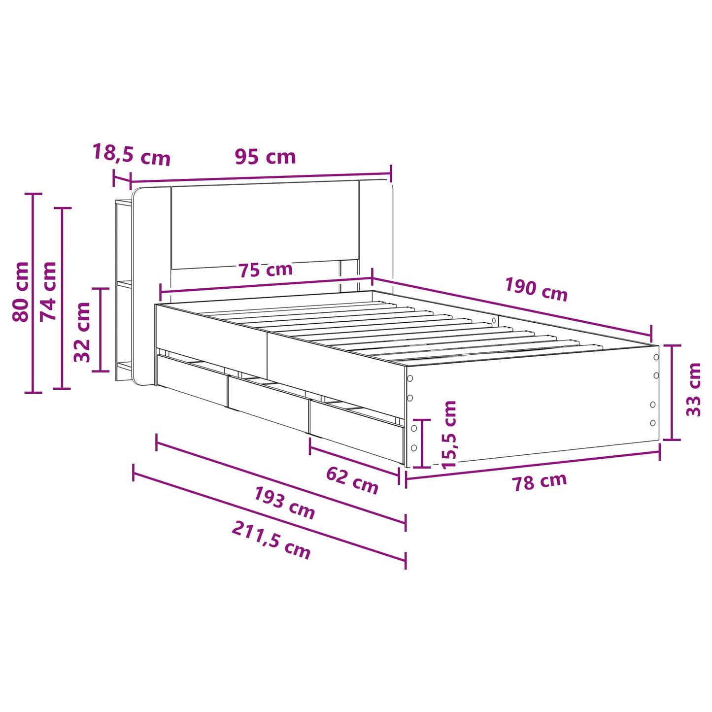 Bed Frame with Storage Black 75 x 190 cm Engineered Wood