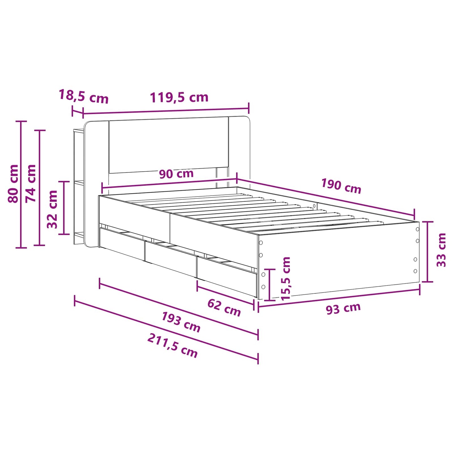Bed Frame with Storage Black 90 x 190 cm Engineered Wood